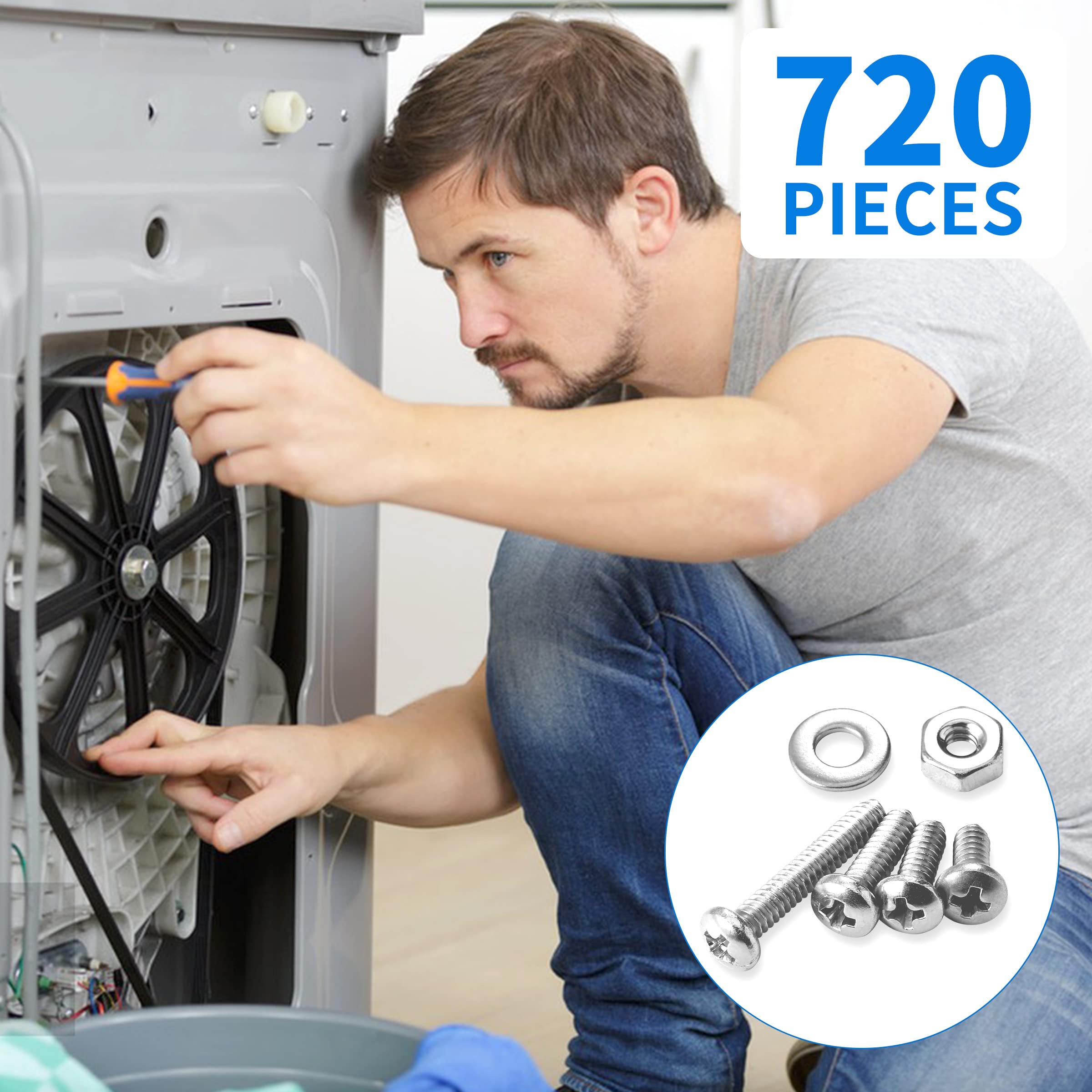 Besitu 720Pcs Machine Screw Assortment Kit, 10-24#8-32#6-32#4-40 Phillips Pan Head Assorted Nuts Bolts and Flat Washers Kit, Stainless Steel Screws Hardware Assortment with Case