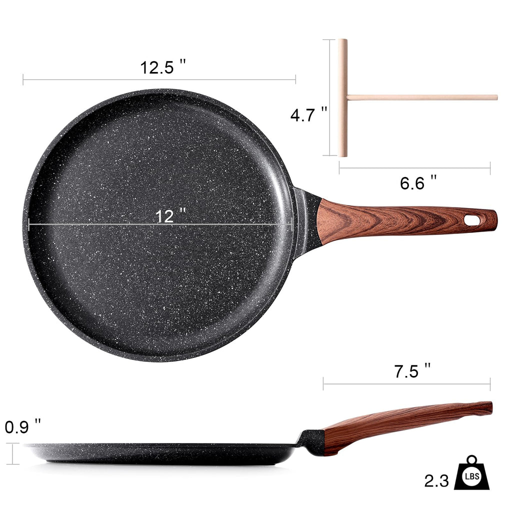 Kordisen Crepe Pan Nonstick, 12 Inch Granite Coating Comales para Tortillas Dosa Pan with Spreader, Induction Compatible, PFOA Free