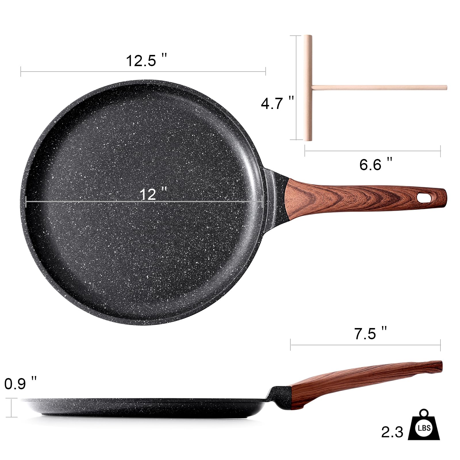 Kordisen Crepe Pan Nonstick, 12 Inch Granite Coating Comales para Tortillas Dosa Pan with Spreader, Induction Compatible, PFOA Free