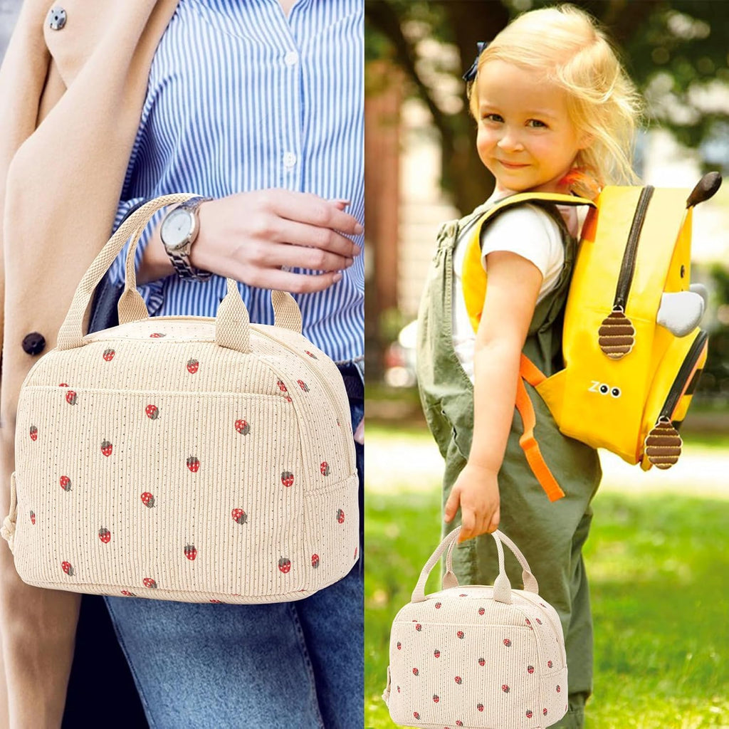 Lunch Bags for Women, Cute Stawberry Corduroy Lunch Bag, Insulated Lunch Box Boite a Lunch Femme Cooler Tote Bags, Leakproof Womens Lunch Bag for Work School Travel Picnic (Beige)