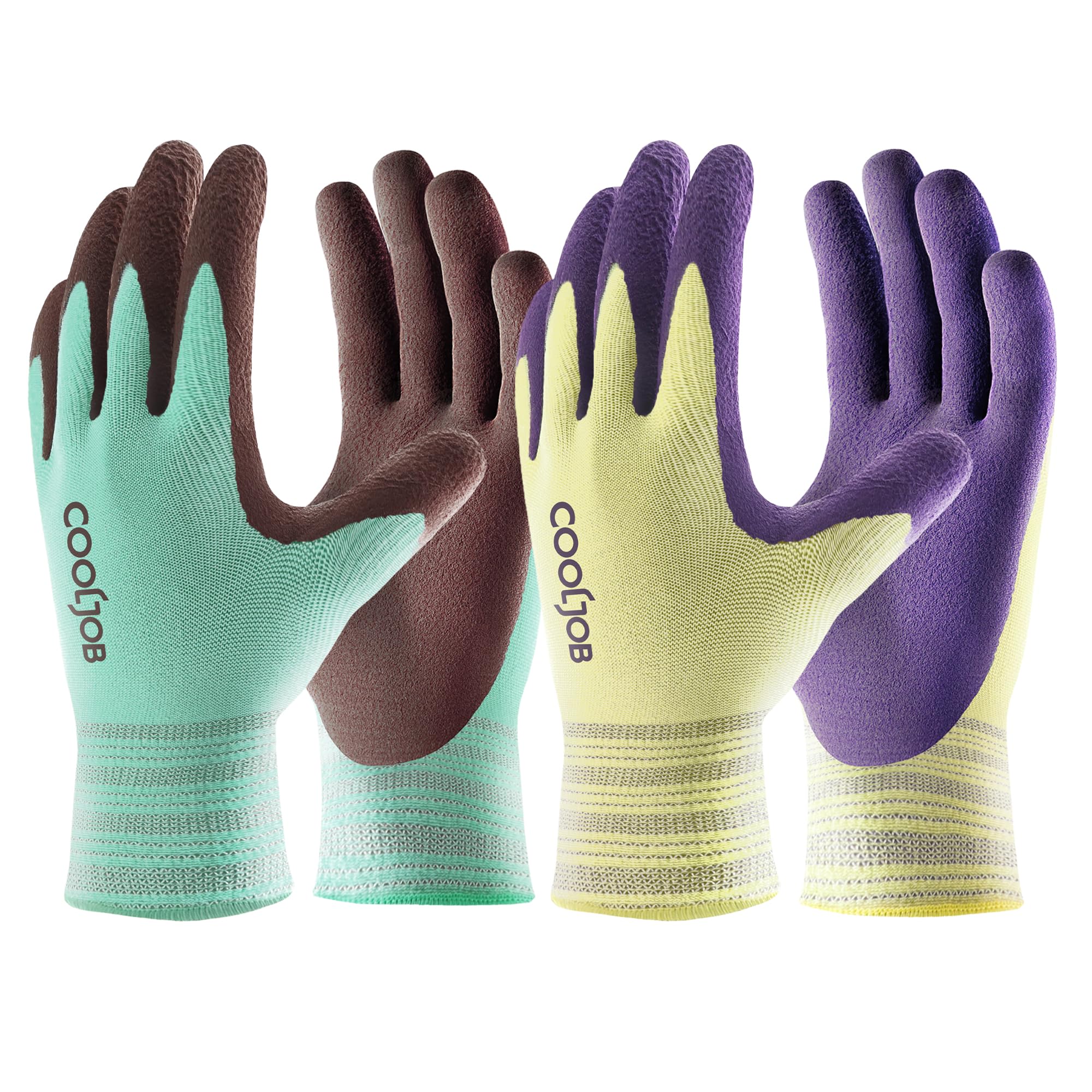 COOLJOB 2 Pairs Gardening Work Gloves for Men and Women, Breathable Base Rubber Coated Non-Slip, for Lawn Yard Patio Gardener, Durable Washable and Reusable, Green & Yellow, Small