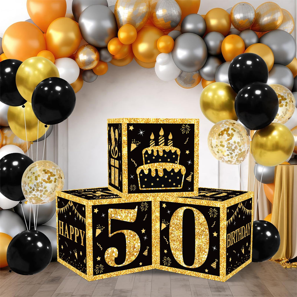 50th Birthday Decorations Boxes for Men- 3PCS Black Gold Happy 50th Birthday Balloons Boxes, 50 Year Old Party Supplies for Men Women
