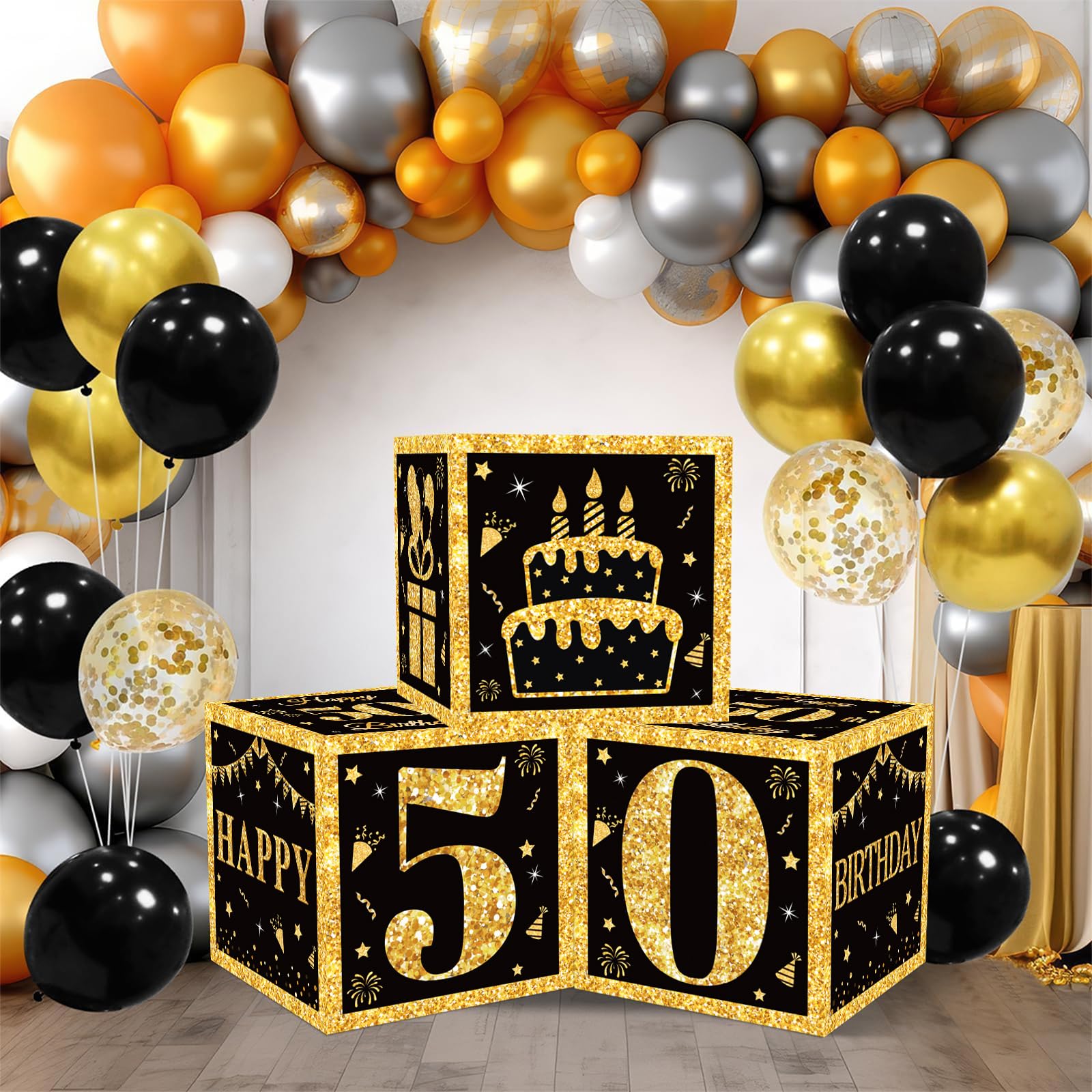 50th Birthday Decorations Boxes for Men- 3PCS Black Gold Happy 50th Birthday Balloons Boxes, 50 Year Old Party Supplies for Men Women