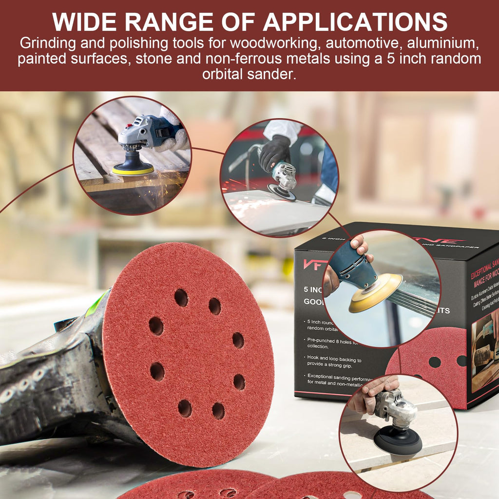 VFINE 100 PCS 5 Inch Sanding Disc 80 Grit, 8 Hole Sandpaper Hook and Loop Sanding Pads Round Orbital Sandpaper for Random Orbital Sander