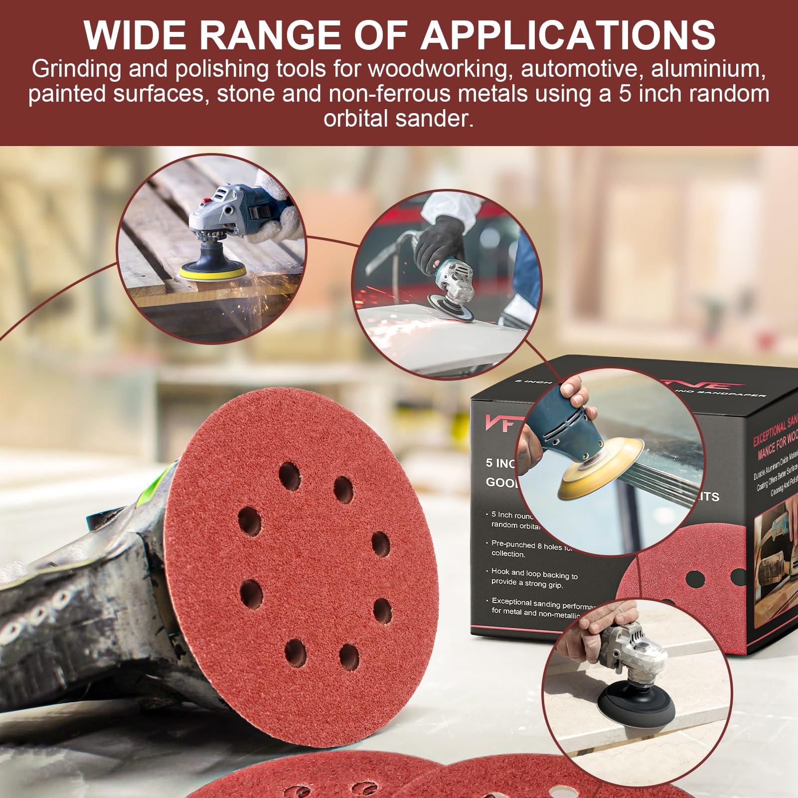 VFINE 100 PCS 5 Inch Sanding Disc 80 Grit, 8 Hole Sandpaper Hook and Loop Sanding Pads Round Orbital Sandpaper for Random Orbital Sander