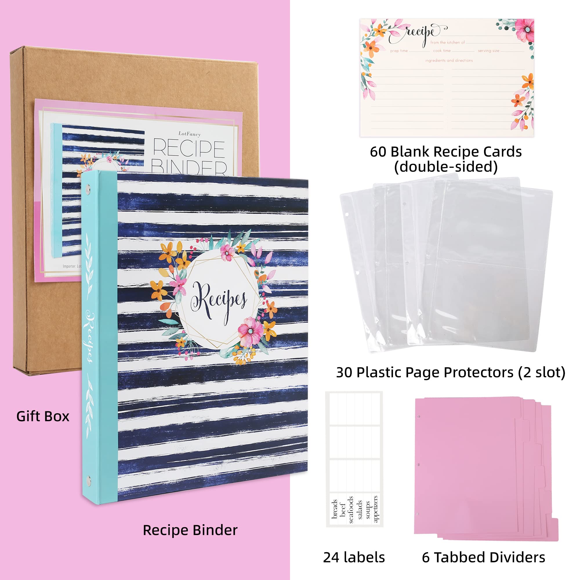 LotFancy Recipe Binder, 8.5” x 10”, with 60 Blank Recipe Cards 4x6, 30 Plastic Page Protectors, 3 Tabbed Dividers, 24 Labels - Kitchen Recipe Card Cookbook Binder Organizer Kit