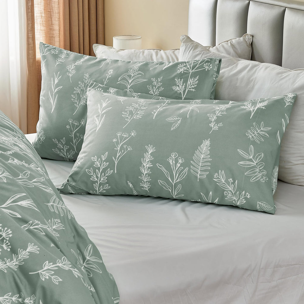 MUXHOMO Duvet Cover Queen Size, Reversible Floral Green Duvet Cover Set with Zipper Closure, 3 Pieces Botanical Patterns Soft Microfiber Bedding Set (90"x90", 2 Pillow Cases 20"×30" )
