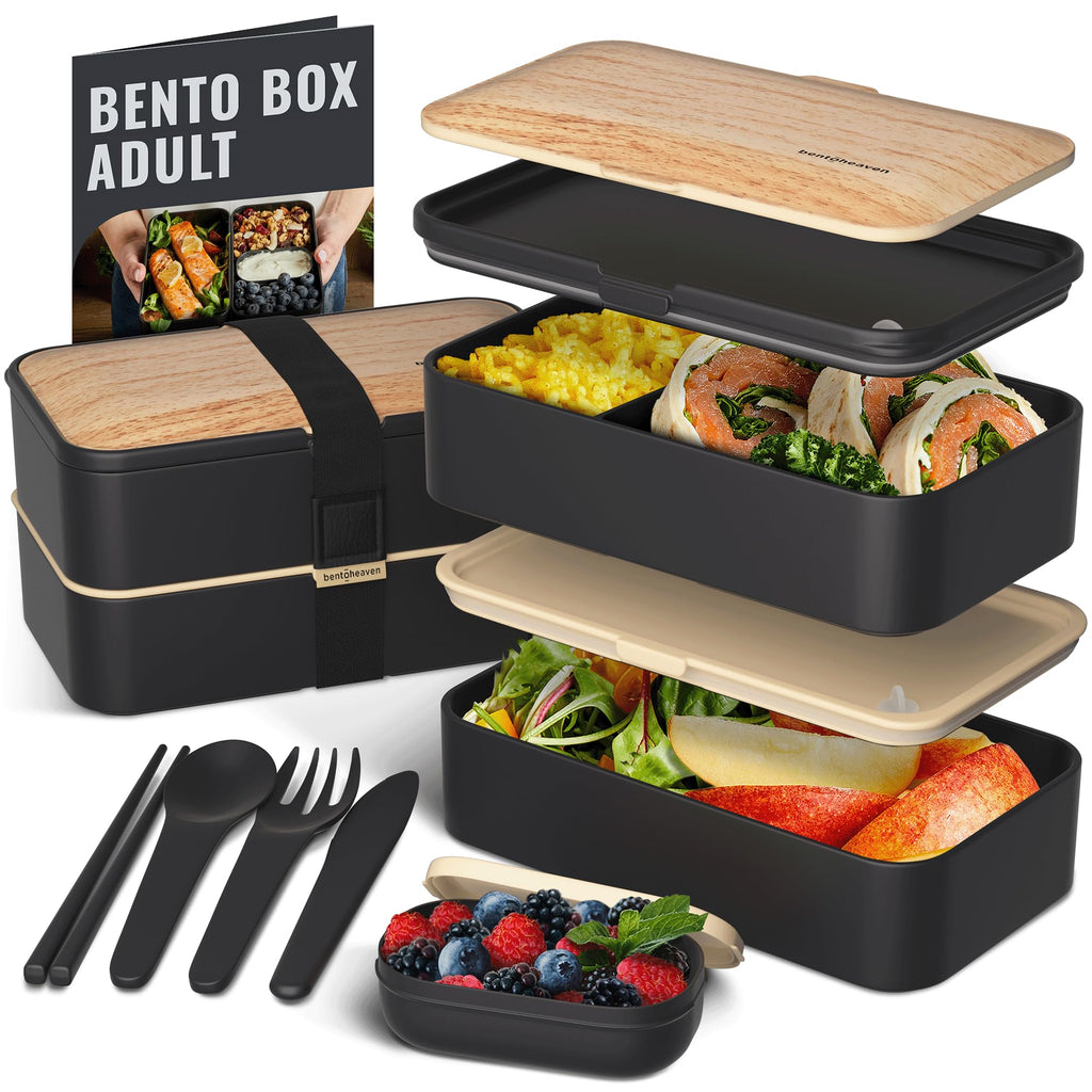 Bentoheaven Premium Bento Box Adult Lunch Box with 2 Compartments (40oz), Cutlery & Set of Chopsticks, Large Dip Container, Cute Black Japanese Bento Box, Rectangle, Microwavable (Symph-Onyx)