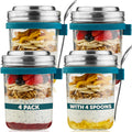 OATOLOGY Glass Overnight Oats Jar Container | Unique Leakproof Stainless Steel Lids, Spoon, Thick Glass | Breakfast Pots Mason Jars for Chia Pudding Granola Yoghurt Porridge Cereal On-the-Go | 4 pack