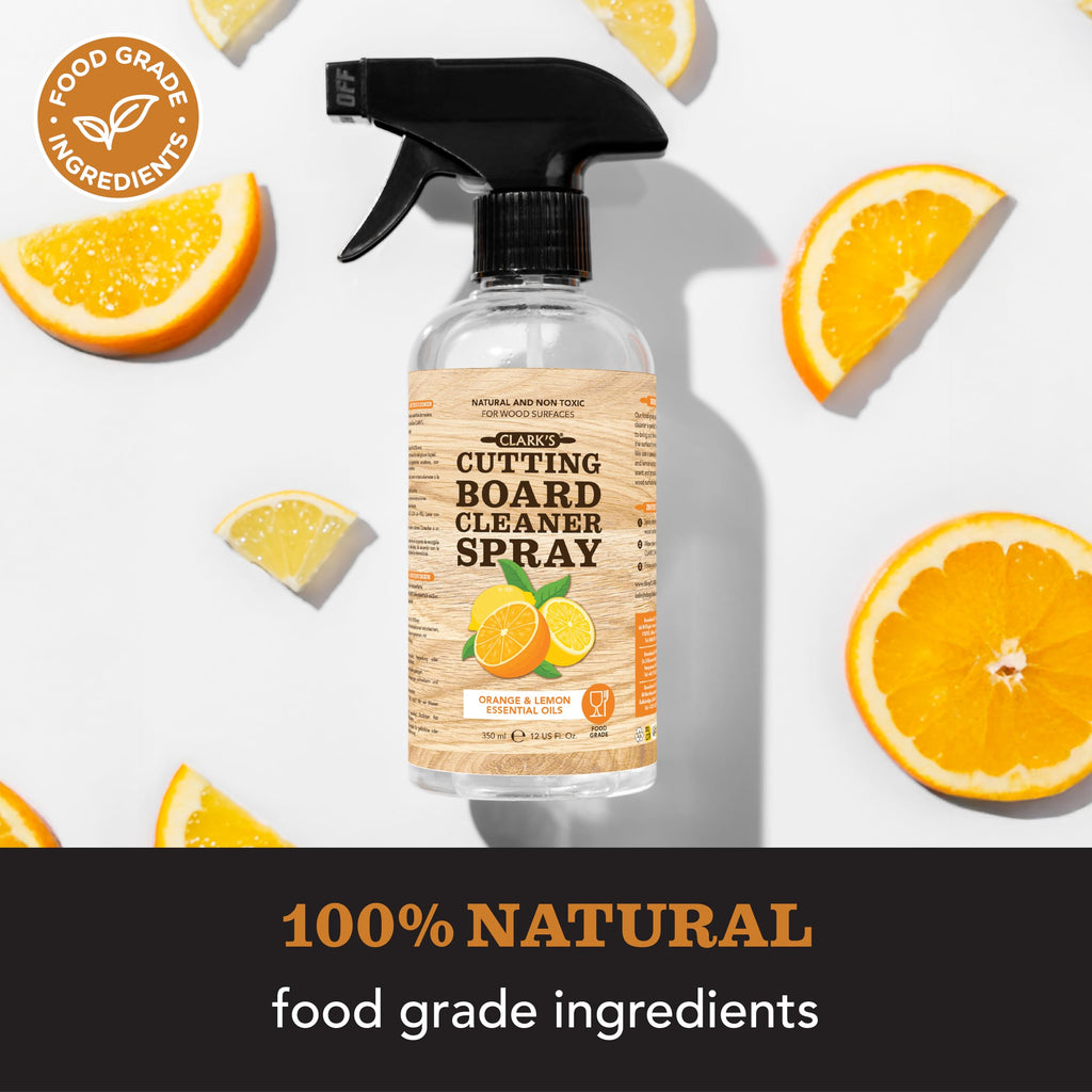 CLARK’S Natural Cutting Board Spray Cleaner with Microfiber Cloth for Wood Countertop – Pure Ingredients Filtered Water, Distilled Vinegar, Castile Soap, Lemon & Orange Citrus Oil Extracts, 12oz