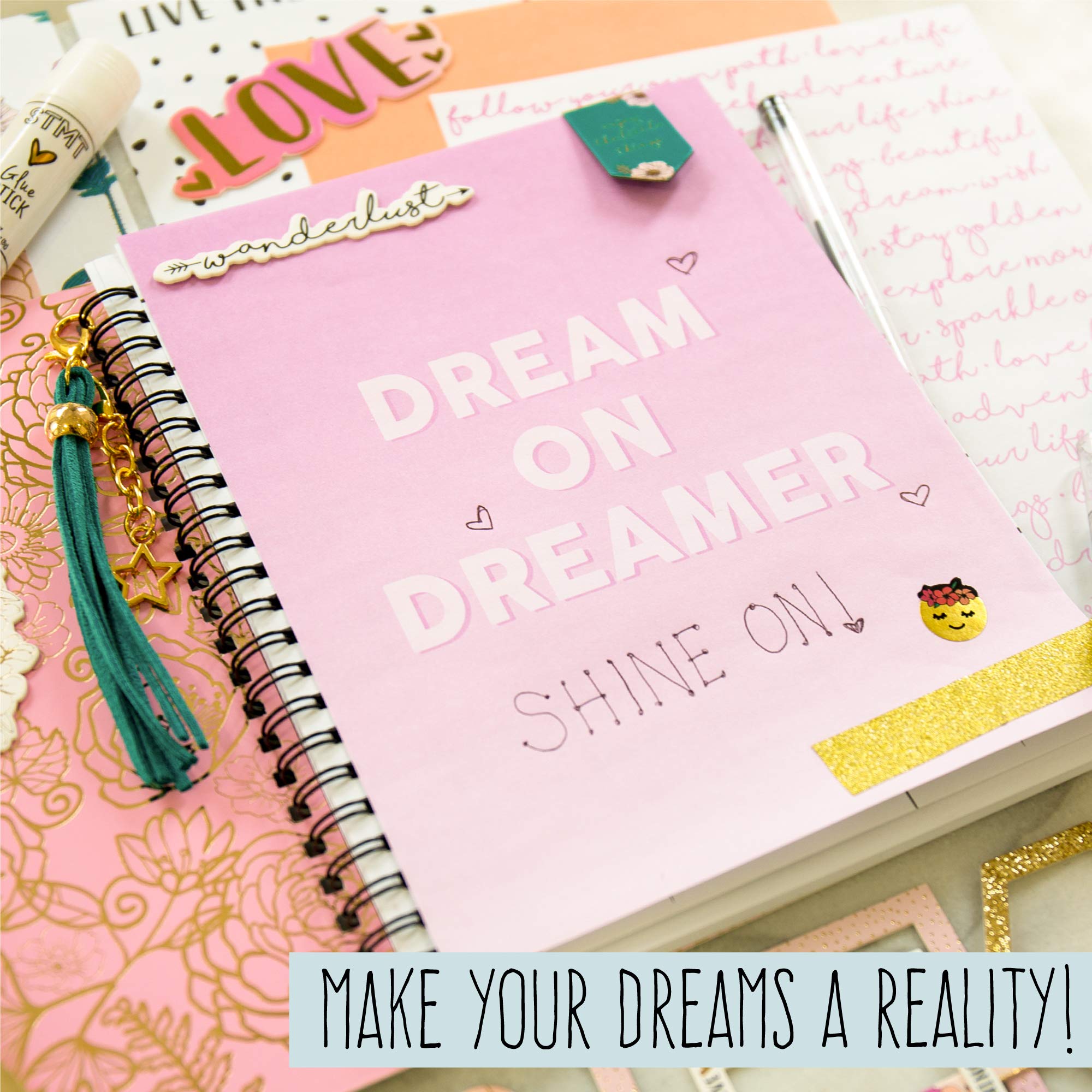 STMT 90824 DIY Journaling Set by Horizon Group USA, Personalize & Decorate Your Planner/Organizer/Diary with Stickers, Glitter Frames, Magnetic Bookmarks, Tassel Keychain & More. Pen Included