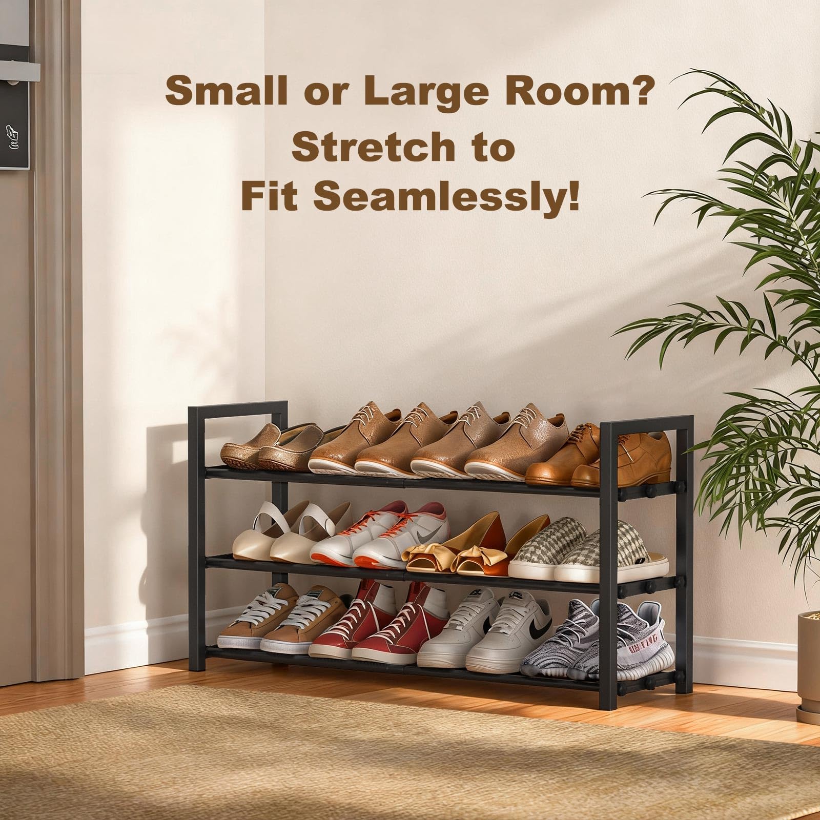 Roylvan 3-Tire Expandable Shoe Rack, 17"-31" Adjustable Stackable Free Standing Shoe Shelf Storage Fits 6-12 Pairs Shoes, Heavy Duty Reinforced Metal Shoes Organizer for Closet Entryway Doorway Dorm