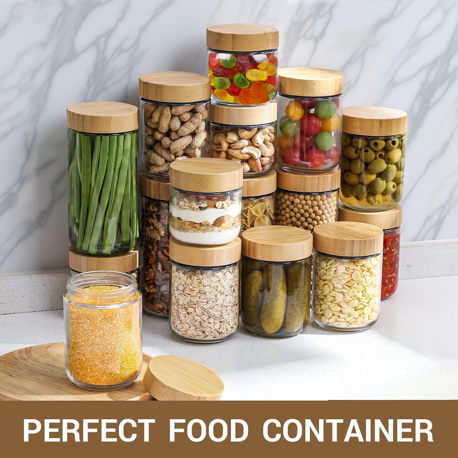 Oillase 4-pack 10oz Glass jars with Airtight Lids, Overnight Oats Containers with Bamboo Lids, Wide mouth Mason Salad jars, Glass Food Storage Containers for Snacks Yogurt Spice Sugar