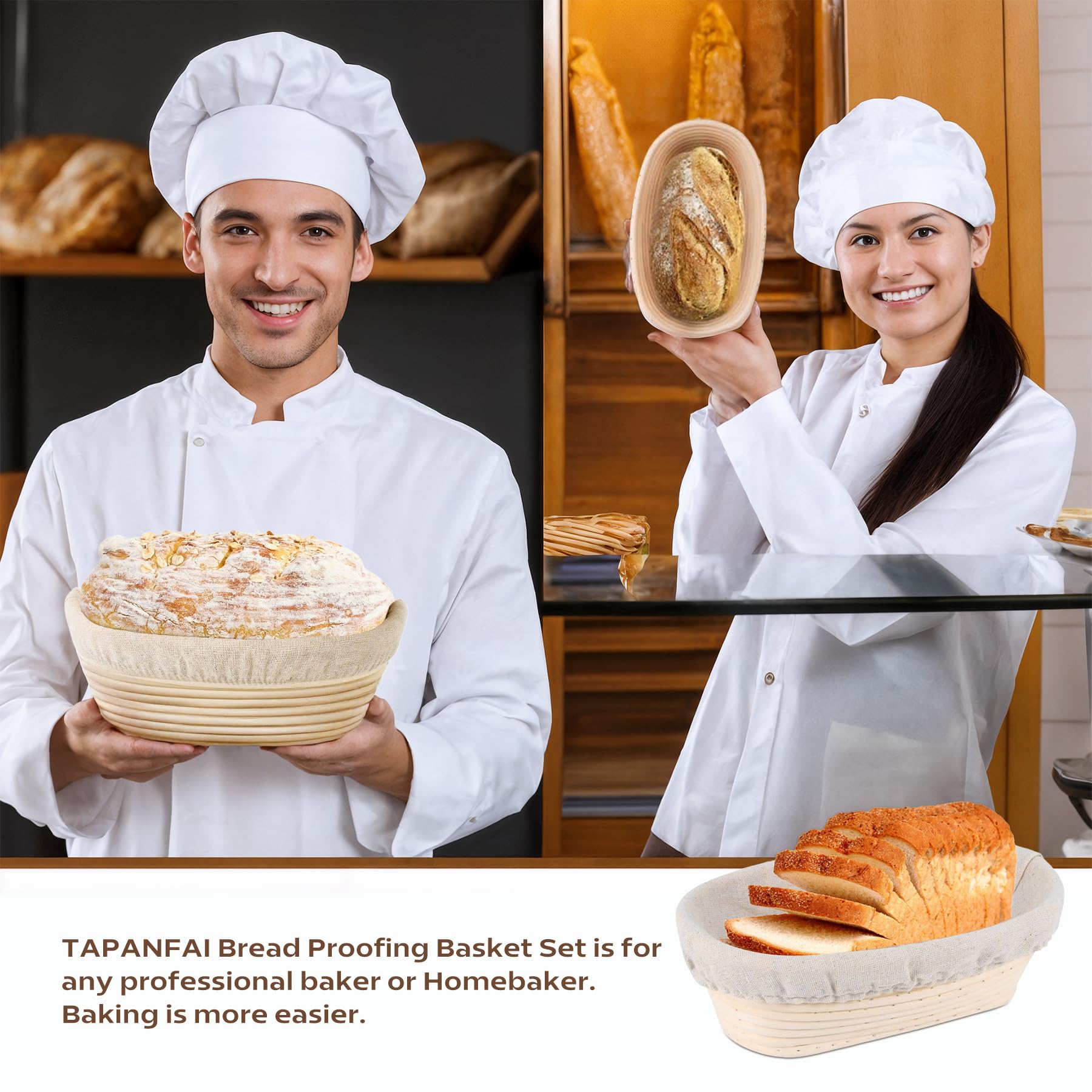 TAPANFAI 2 Pack Oval Bread Proofing Basket, 10 inch Sourdough Bannetons Bortform Proving Rattan Basket with Linen Liner Cloth, Bread Basket, Great for Professional