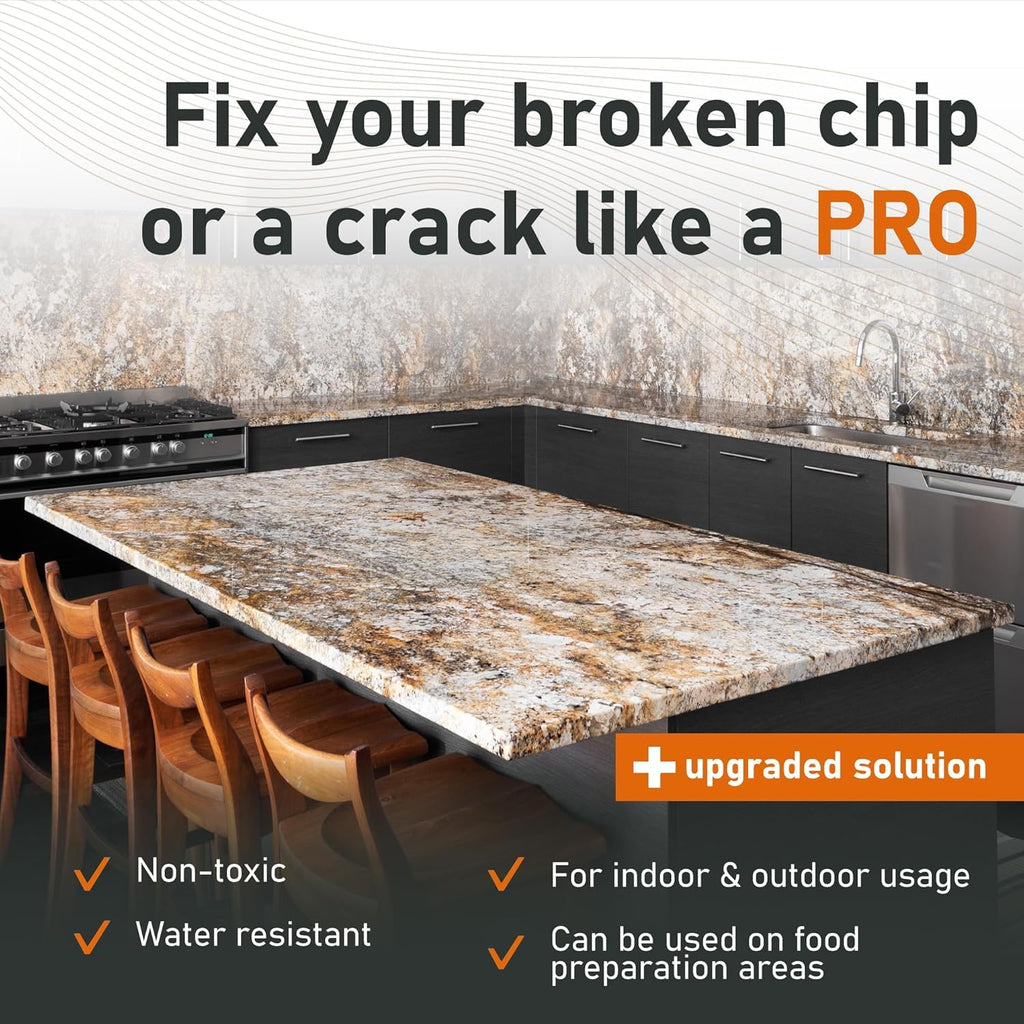 Granite Countertop Repair Kit (Clear Color + Polisher) - Made by Engineers I Also for Marble, Quartz, Acrylic, Fiberglass, Porcelain, Tile & Ceramic Surfaces I Easy Process & Quick Results