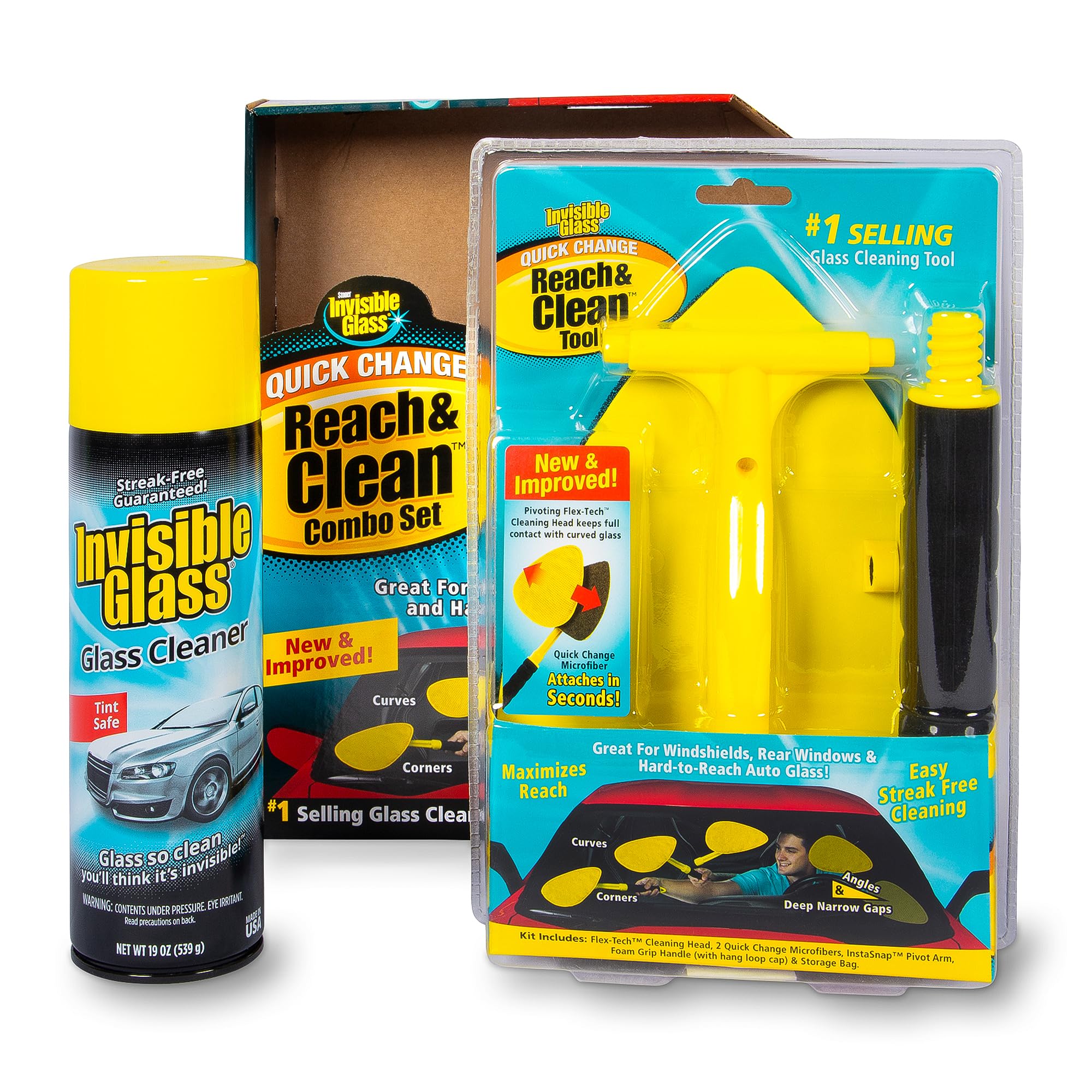 Invisible Glass 99031 Reach and Clean Tool Combo Kit with Windshield Wand Cleaning Tool for Those Hard-to-Reach Places and Invisible Glass Premium Glass and Window Cleaner for Auto and Home, Yellow