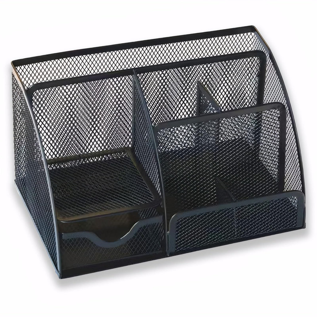 Desk Organizer with Drawer and Compartments, Small Mesh Office Desk Accessories Supplies, Metal Black Stationary Pencil Pen Holder for desk organizers and storage (Black)