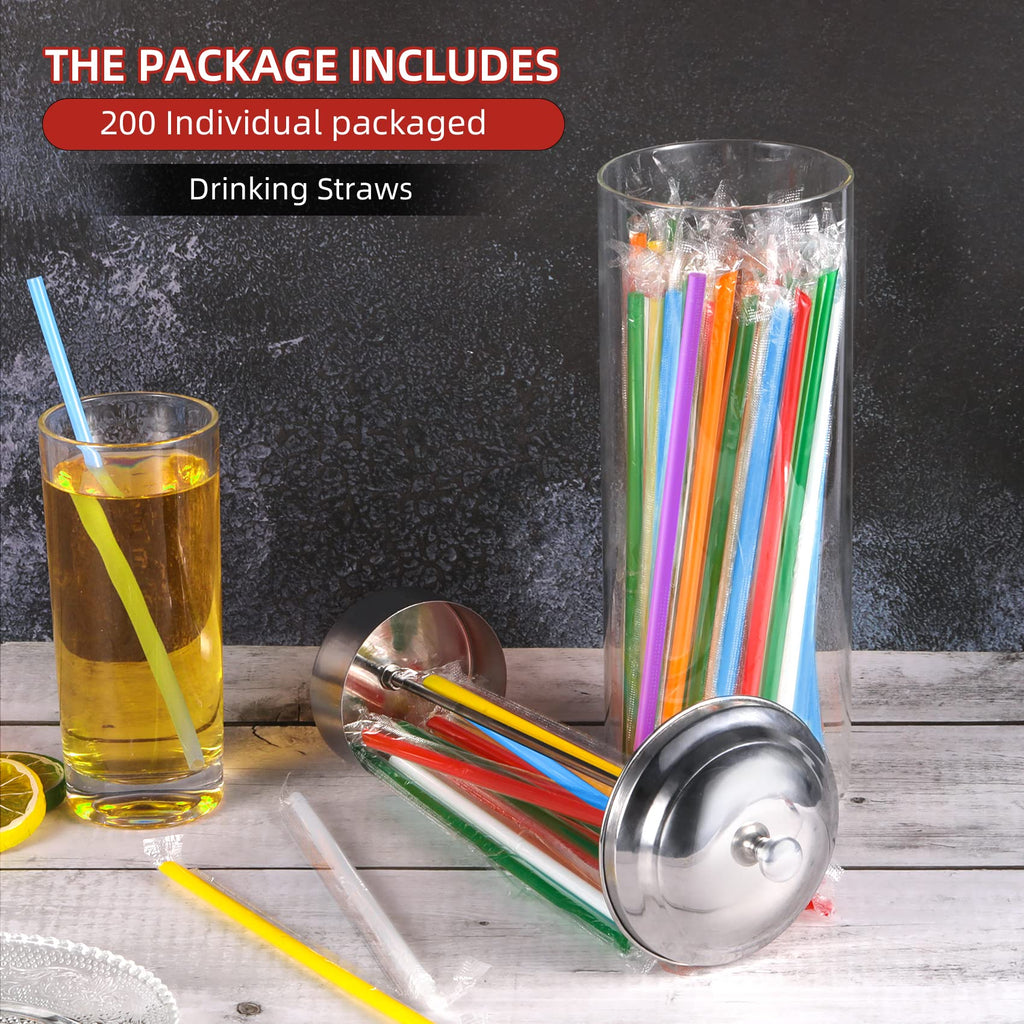 Kailund Glass Straw Holder Drinking Straw Dispenser for Counter with 200 Straws & Stainless Steel Lid, Retro Straw Organizer Container for Cafes, Bars, Home