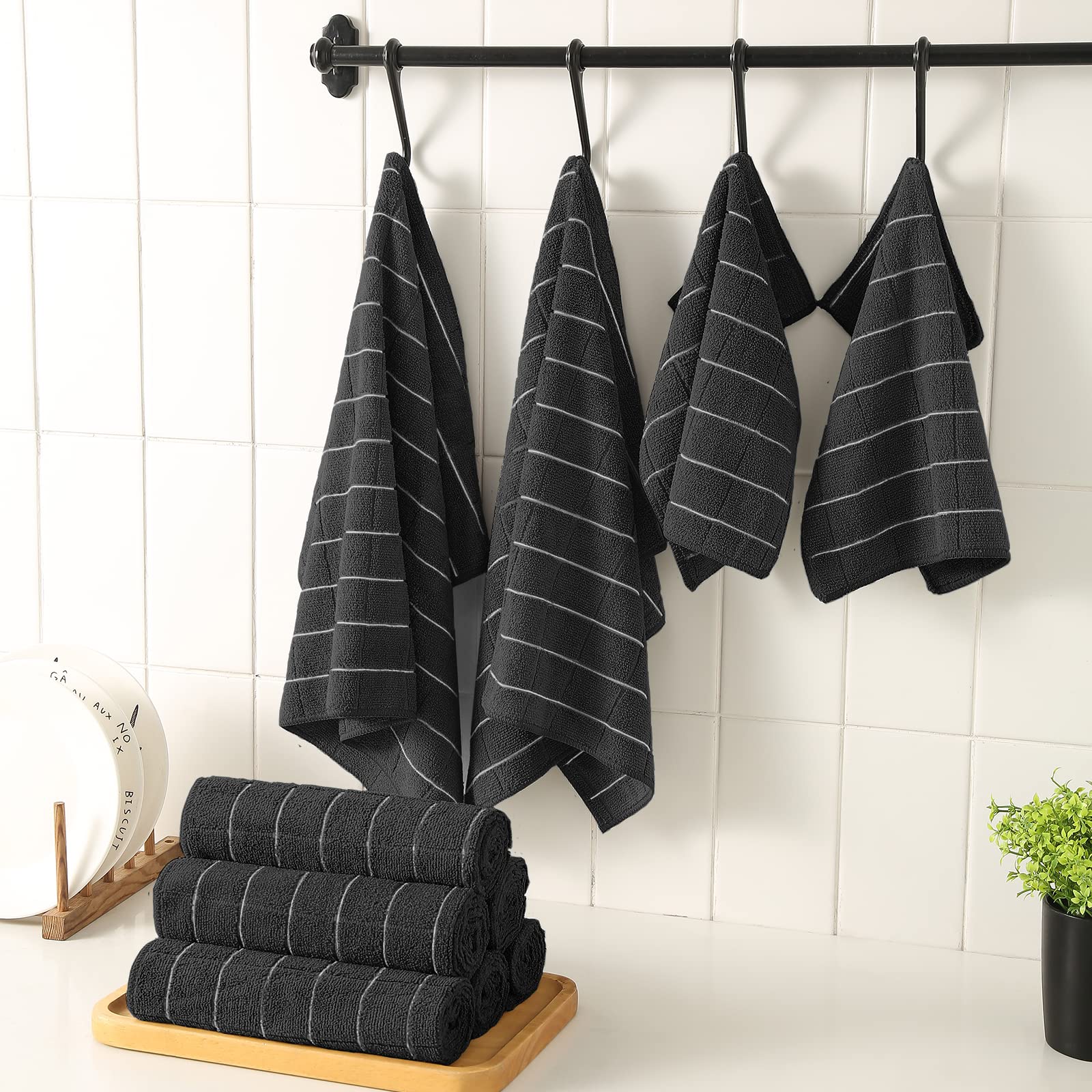 Puomue Microfiber Kitchen Towels and Dishcloths Set, 26 X 18 Inch and 12 X 12 Inch, Set of 12 Bulk Lint Free Dish Towels for Drying Dishes, Black
