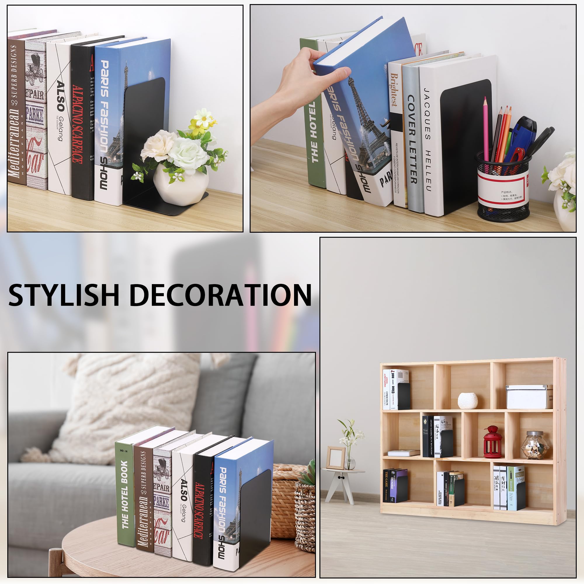 JIANTA Book Ends, Heavy Duty Metal Bookends, 2 Pairs/4 Pieces Book Stopper, Book Ends Support for Shelves, Black Non-Slip Bookshelf Holder Stand for Home, Office, Library, School