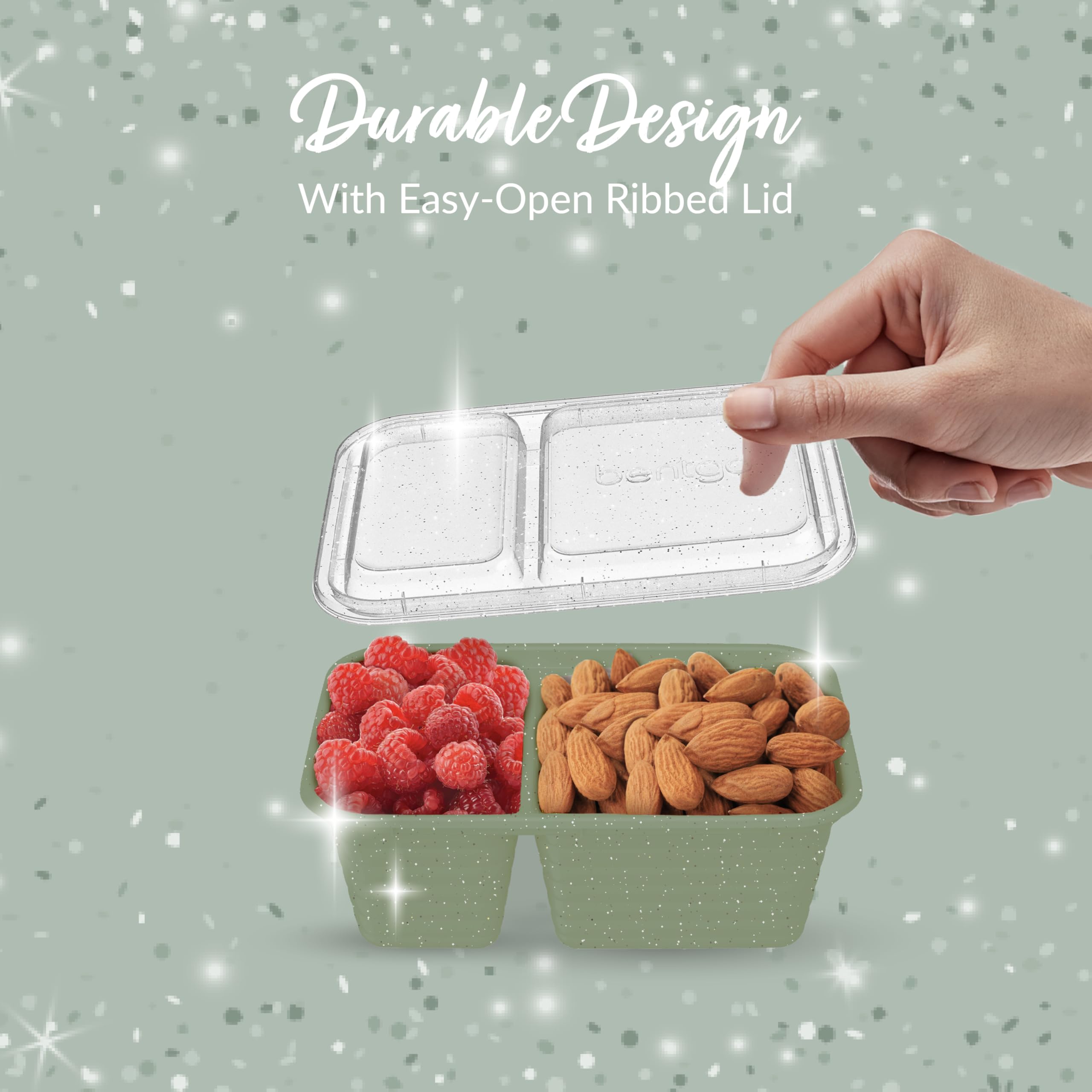 Bentgo Prep - 2-Compartment Snack Containers with Lids - Reusable, Microwaveable, Durable, PFAS & BPA-Free, Freezer, & Dishwasher-Safe Meal Prep Food Storage - 10 Trays & 10 Lids (Basil Glitter)