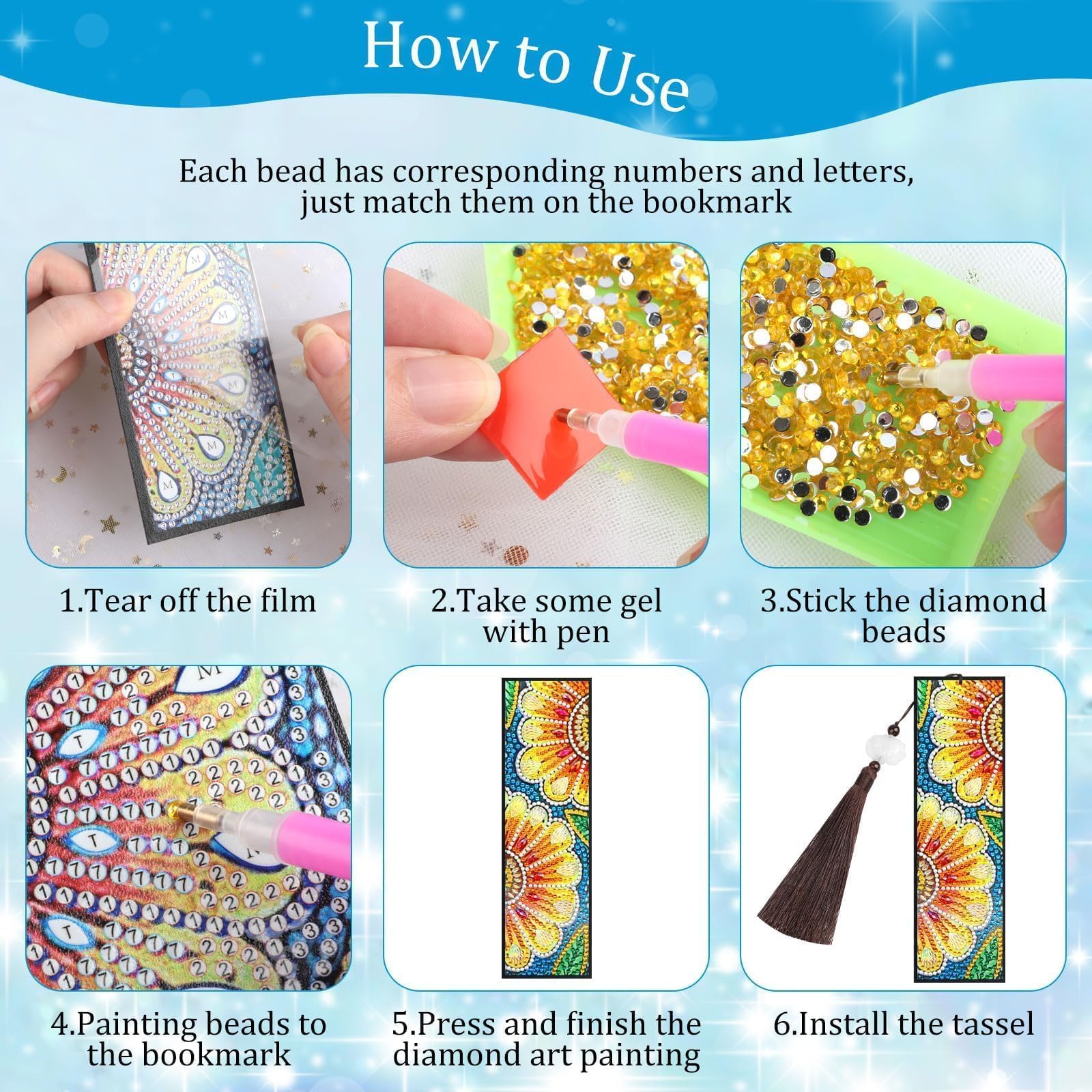 EEEKit 6 PCS DIY Diamonds Painting Bookmarks, Book Mark Diamond Art Kits for Adult Crafts, Floral Tassel Leather Diamond Drawing Page Bookmark for Book Lovers
