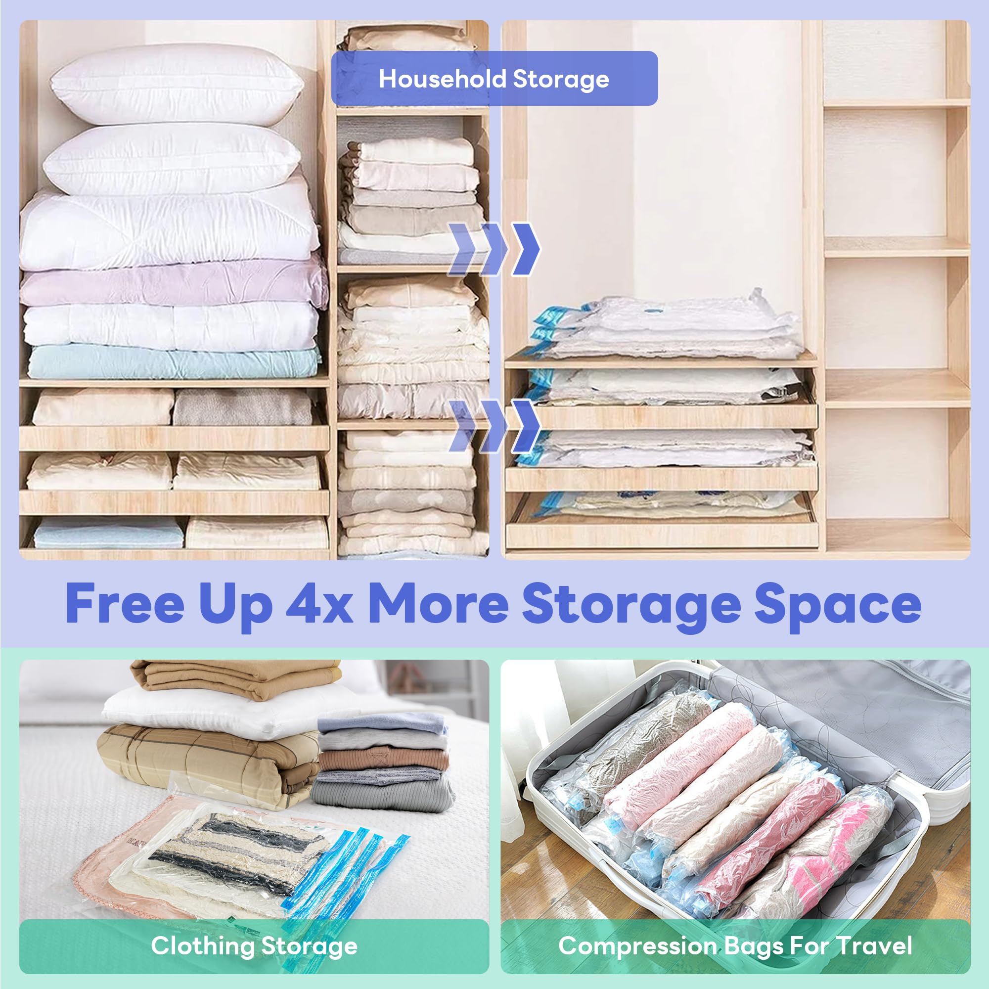 Vacuum Storage Bags, 12 Pack Vacuum Sealer Bags for Clothes Storage, Thick Vacuum Bags for Travel, Packing, Moving and Space Saving
