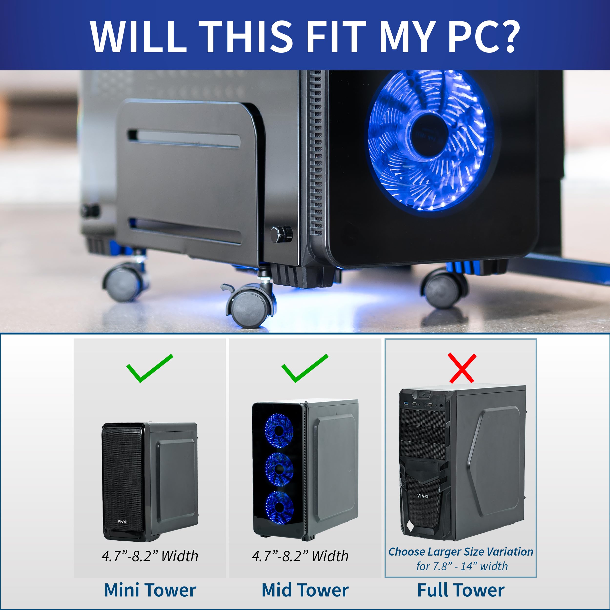 VIVO Black Computer Tower Desktop ATX-Case, CPU Steel Rolling Stand, Adjustable Mobile Cart Holder with Locking Caster Wheels (CART-PC01)
