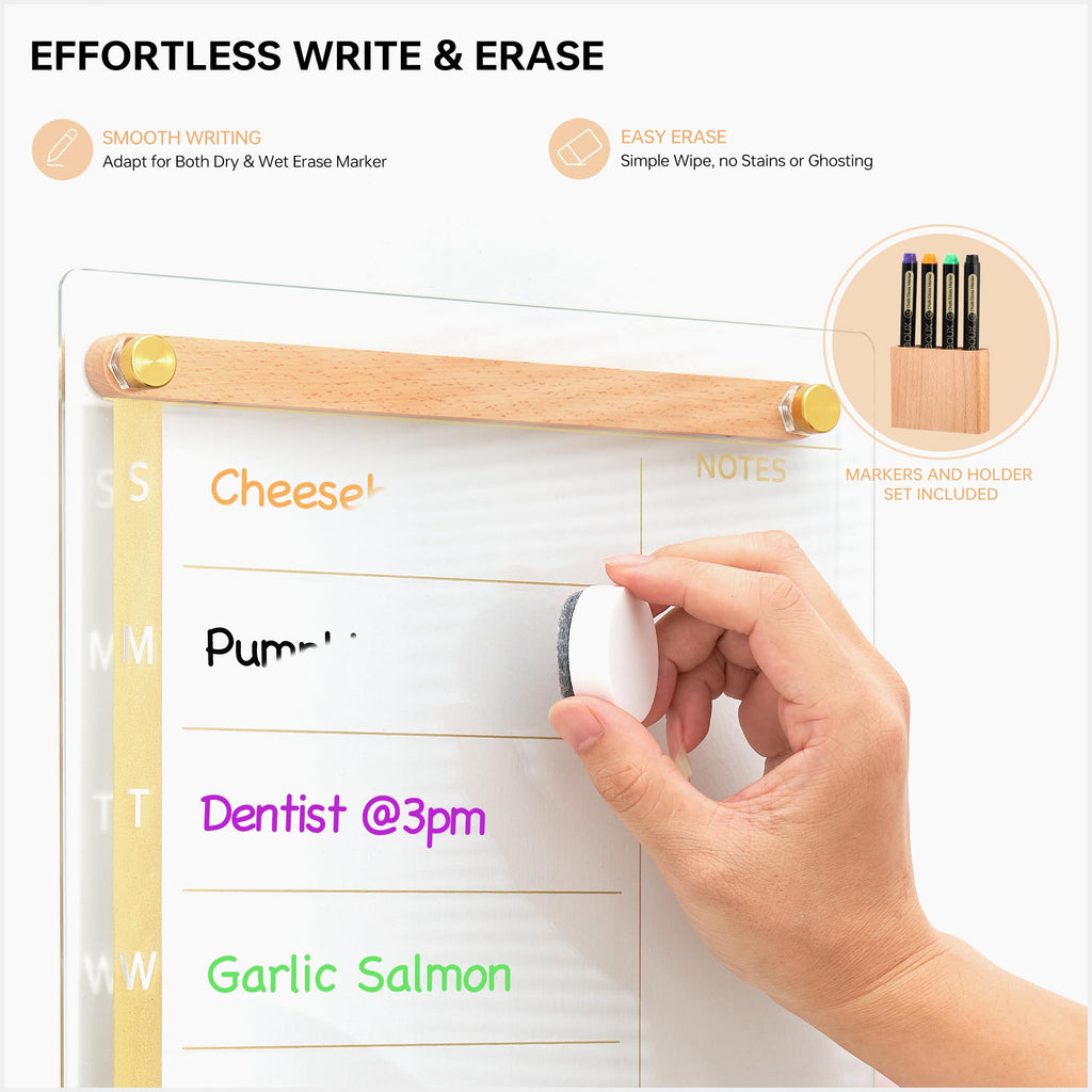 Clear Gold Glass Weekly Dry Erase Calendar Whiteboard with Wood Decoration for Wall, Menu & Meal Planner White Board for Home Kitchen, 15x11, Wood Marker Holder and 4 Markers Included, Yeoux