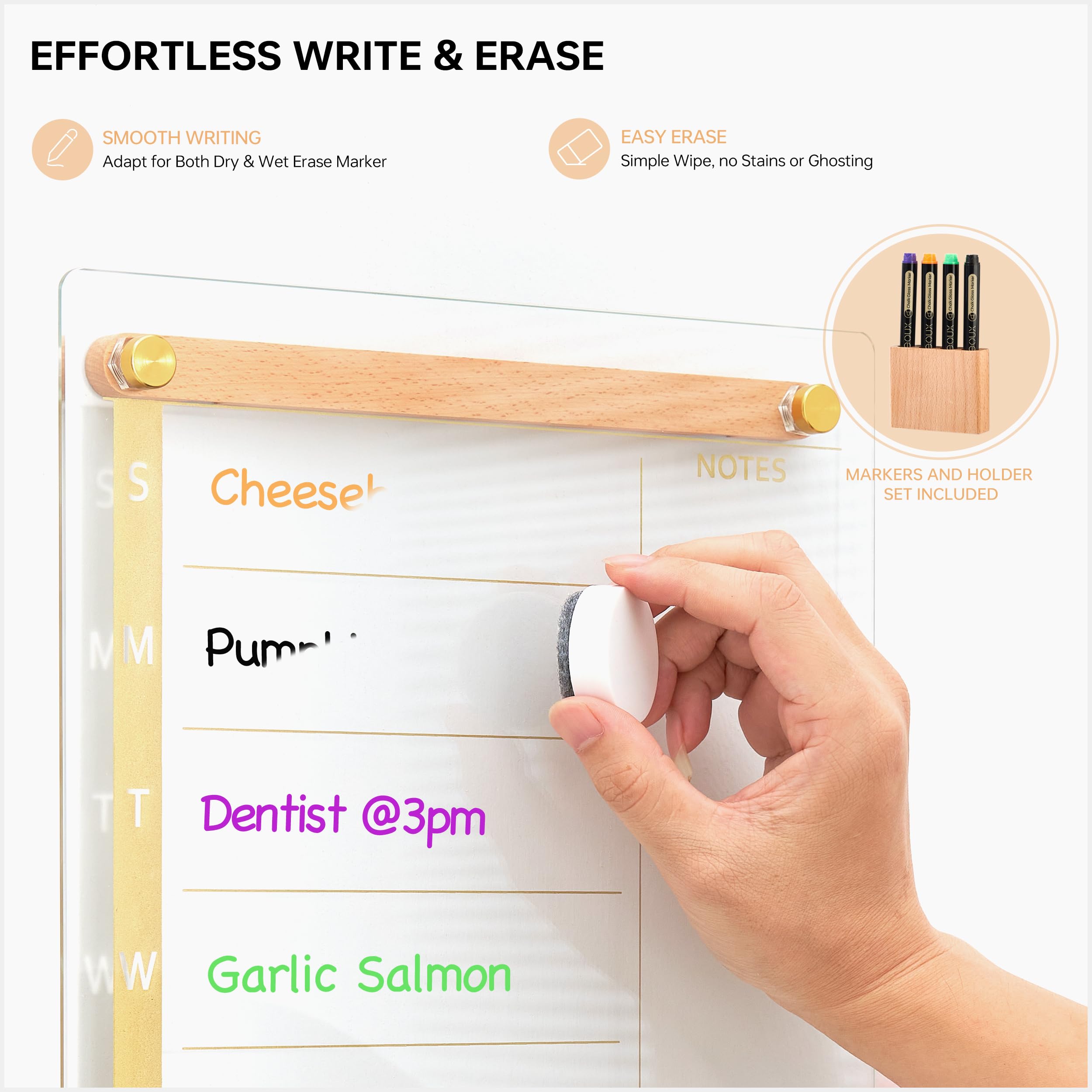 Clear Gold Glass Weekly Dry Erase Calendar Whiteboard with Wood Decoration for Wall, Menu & Meal Planner White Board for Home Kitchen, 15x11, Wood Marker Holder and 4 Markers Included, Yeoux