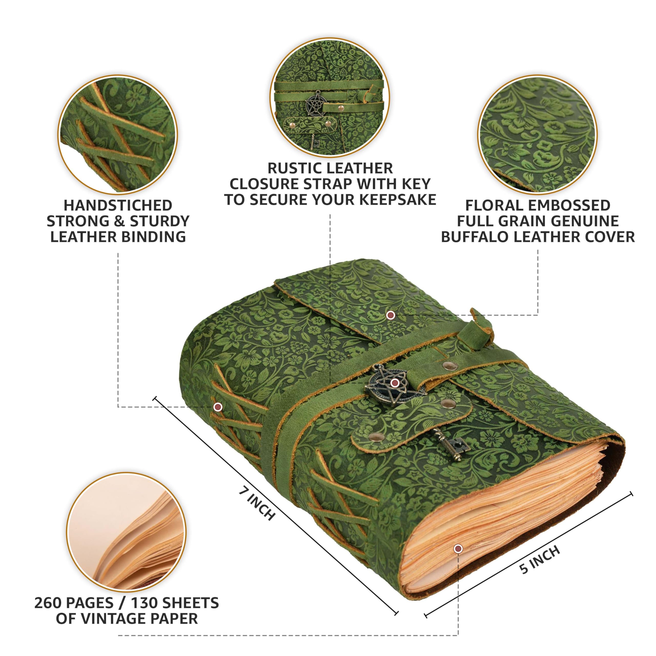 LEATHER VILLAGE Handmade Leather Bound Journal for Women- Green | 7"X5" Medium | 260 Pages Blank of Vintage Paper Writing, Sketchbook, Notebook
