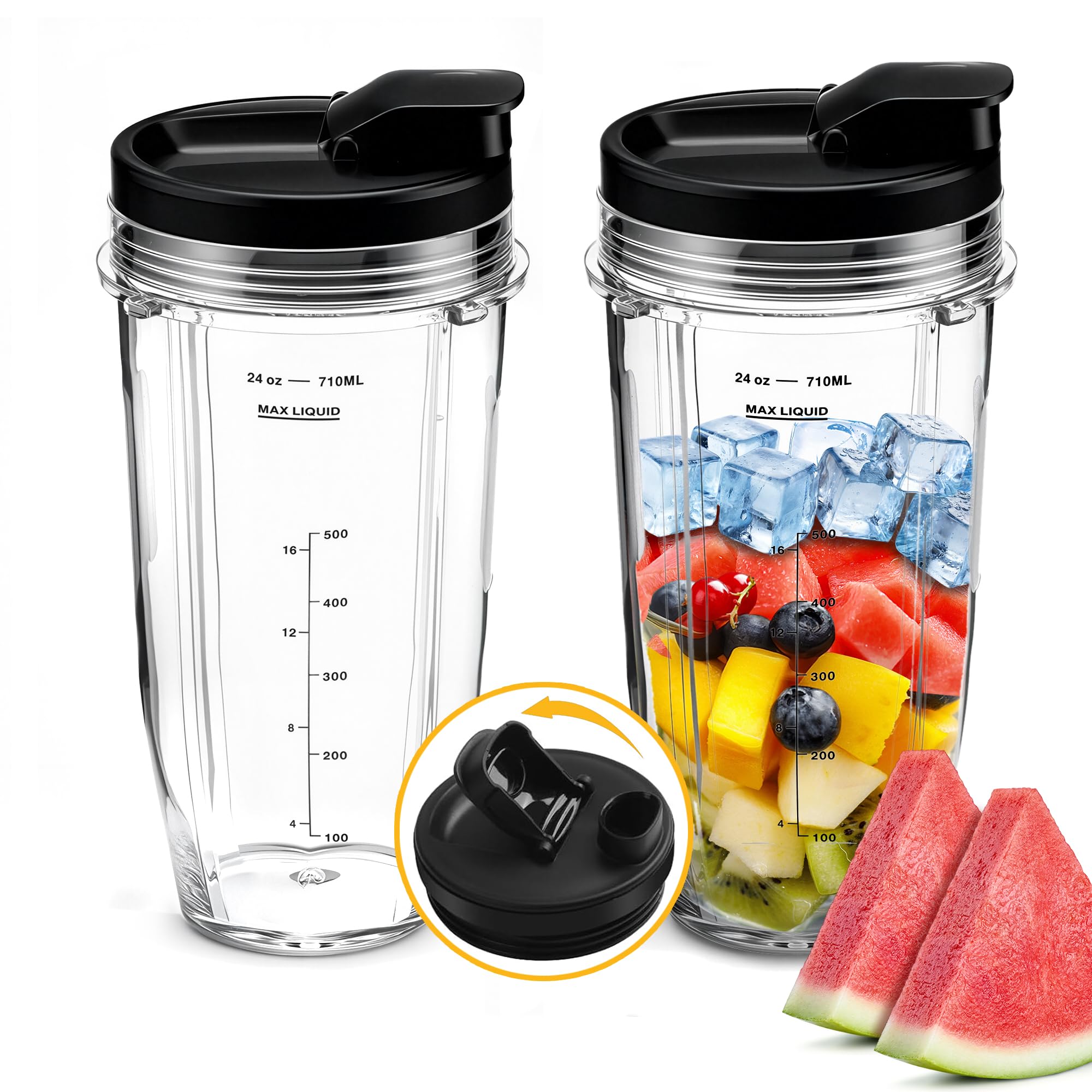 2Pcs Replacement 24oz Blender Cup with Sip Seal Lid for Nutri Ninja BL450 BL456 BL480 BL482 BL640 BL642 BL682 BN400 BN750 BN800 NN100 Foodi SS101 SS151 SS351 SS401 SS400 Ninja Auto IQ Series Blender