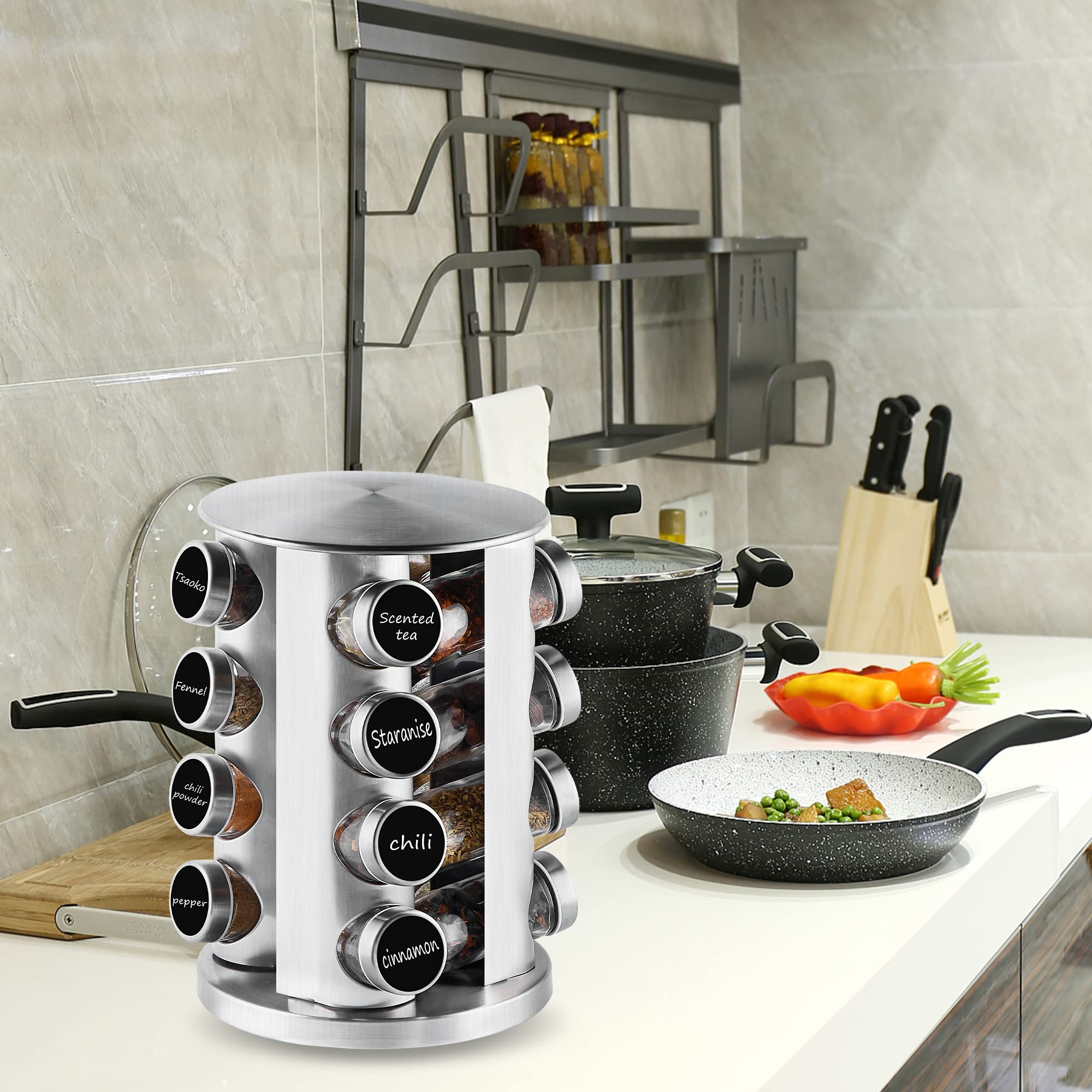 Countertop Revolving Spice Rack, 16-Jars Stainless Steel Spice Rack Organizer, Round Carousel Spice Rack Tower, Seasoning Storage Organization for Kitchen Home Dried Herbs
