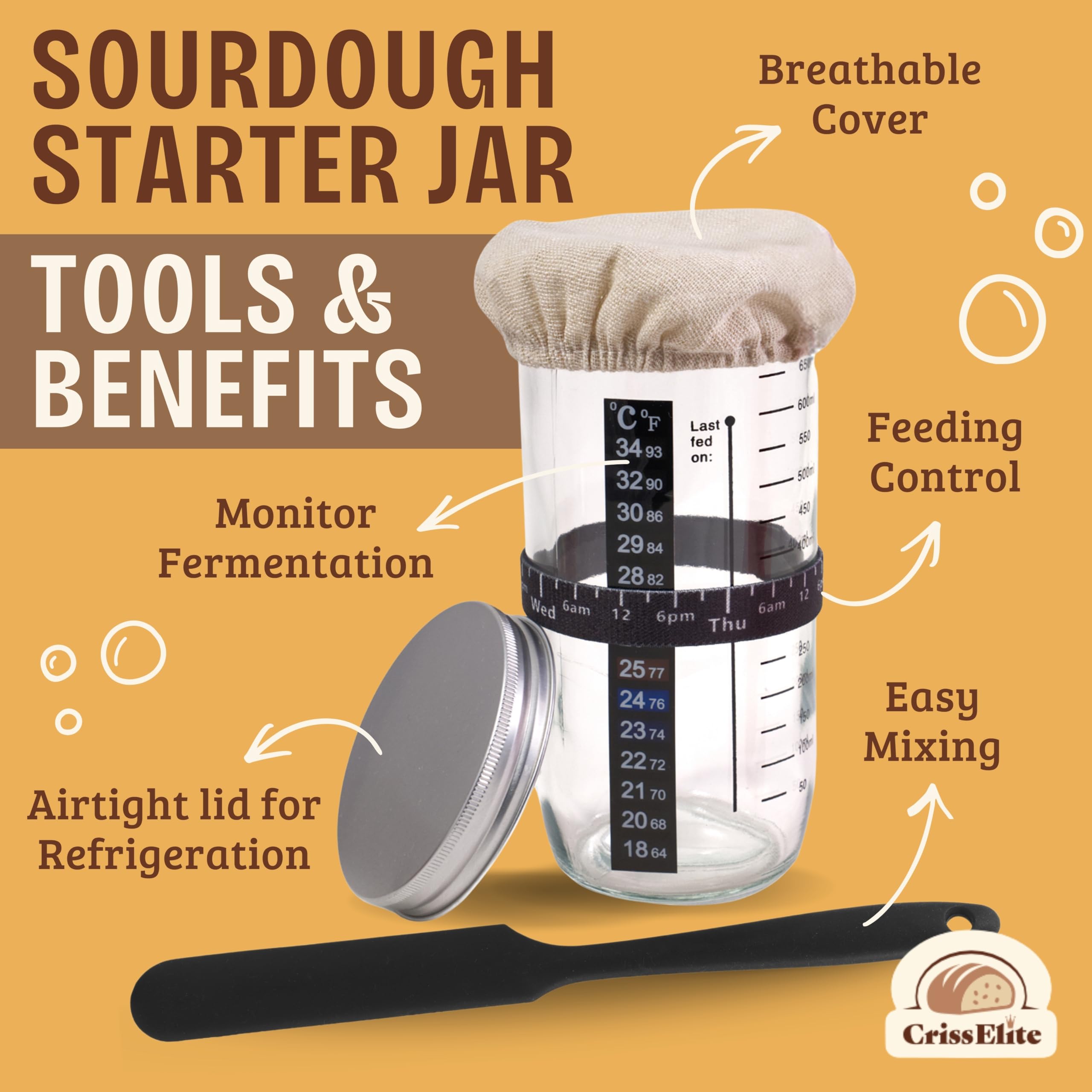 Sourdough Starter Kit for Beginners – 9”(23cm) Banneton Bread Proofing Basket with 24oz(710ml) Glass Sourdough Starter Jar & Sourdough Bread Baking Supplies, Easy No-Fail Kit, Gift for Home Bakers
