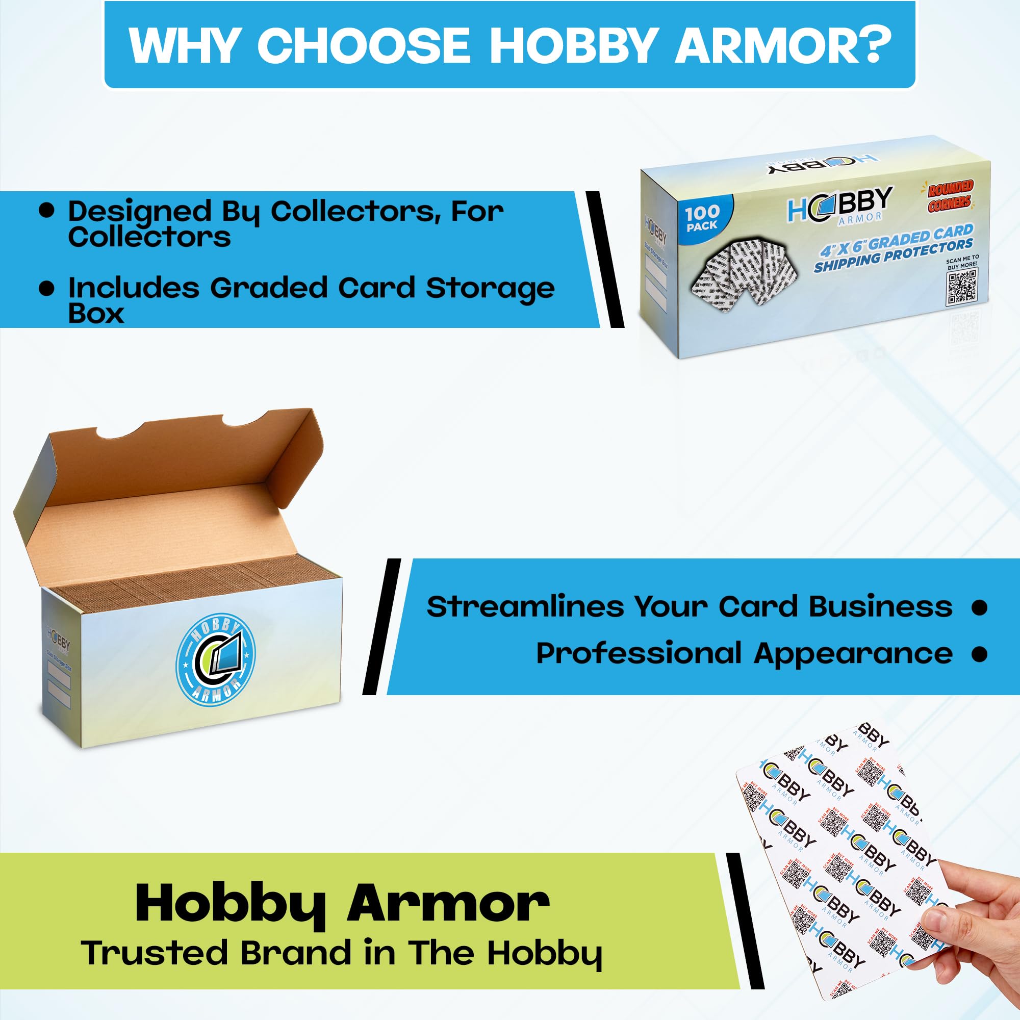 100 Pack Graded Trading Card Shipping Protector by Hobby Armor, 4" x 6" with Rounded Corners, Vibrant Multi-Color Card Protector to Guard Cards From Dings, Premium Cardboard Slab Shipping Supplies