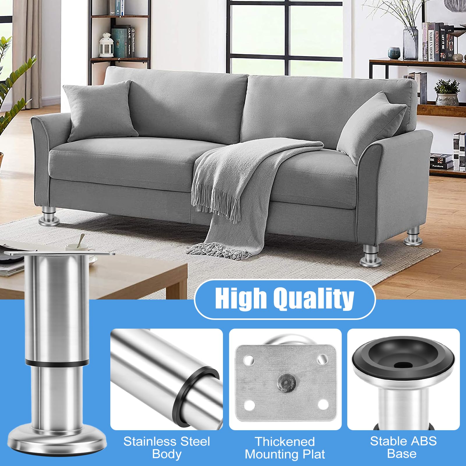 4Pcs Adjustable Height Bed Support Legs with 20Pcs Screws, 3.2"-4.7" Adjustable Furniture Legs Feets, Heavy Duty Furniture Risers for Cabinet Sofa Chair Dresser Desk (Silver)