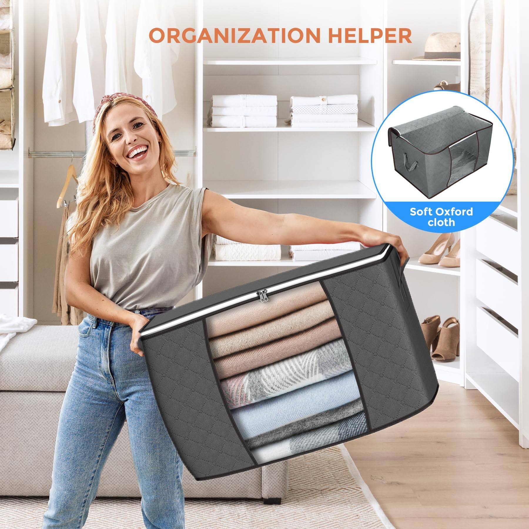 90 L Large Storage Bags, 6 Pack Clothes Storage Bins Foldable Closet Organizers and Storage Containers with Reinforced Handle for Clothing, Blanket, Comforters, Bed Sheets, Pillows and Toys (Gray)