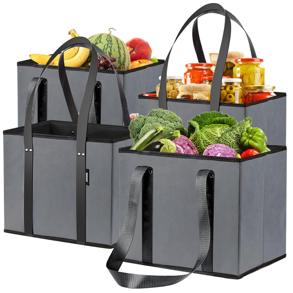 BURVAGY 4 Pack Reusable Grocery Bags - Heavy Duty Reusable Shopping Bags with Box Shape to Stand Up, Stay Open, Fold Flat - Foldable Grocery Tote Bag with Long Handles & Reinforced Bottom Grey
