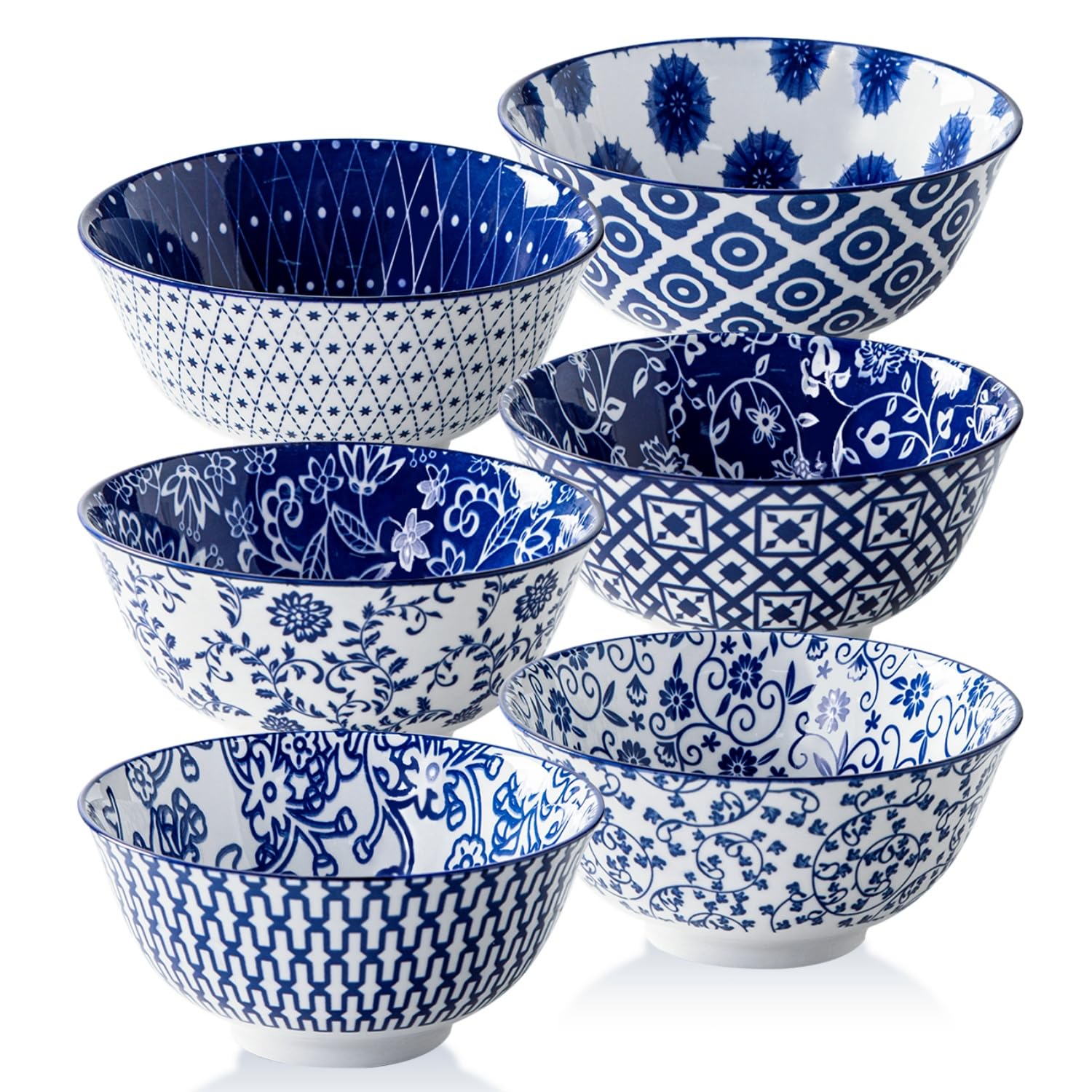Cerkik Ceramic Soup Bowls Set – 24 Oz / 680 ml Deep Cereal Bowls, 6 Inch / 15.8 cm Large Porcelain Dinner Bowls for Salad, Pasta, Dessert, Oatmeal – Microwave Dishwasher Safe – Set of 6 – Vintage Blue