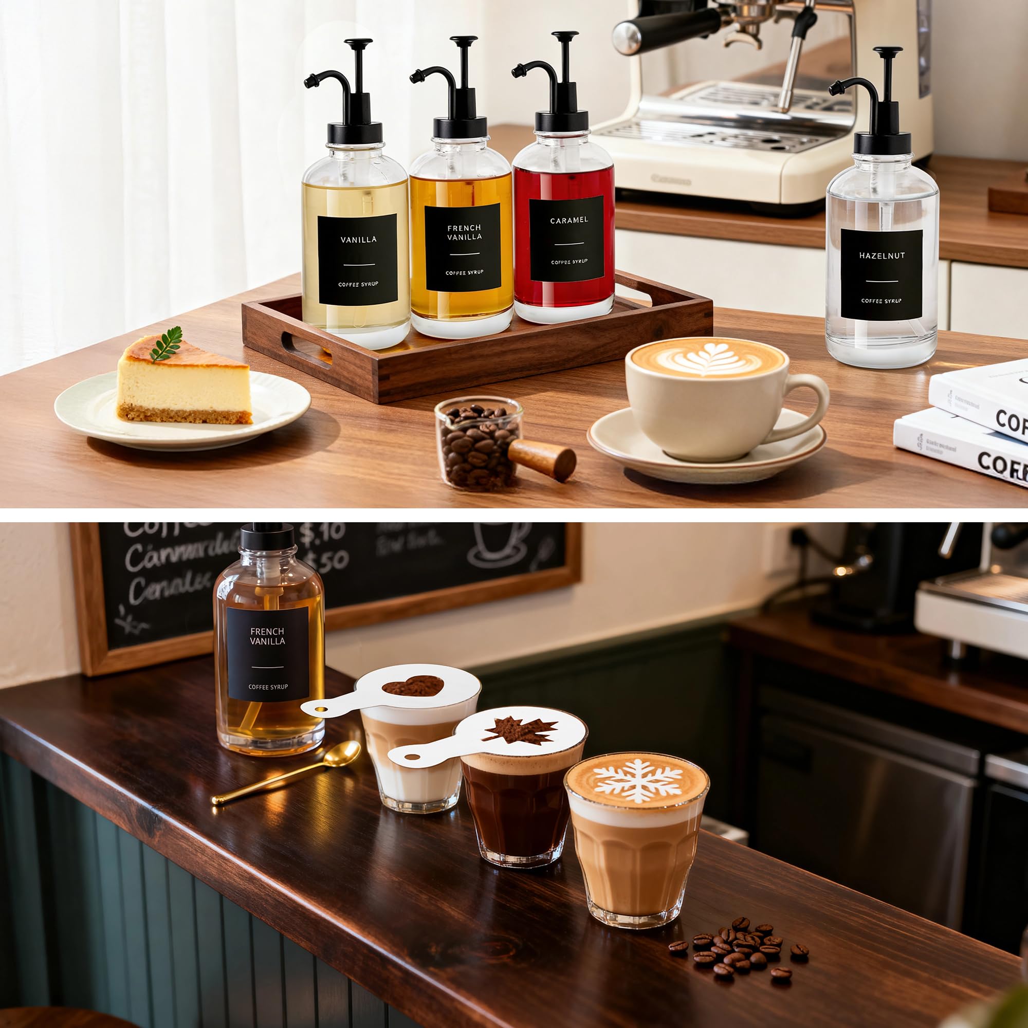 2 Pack Coffee Syrup Dispensers, 16.9oz/500ml Thick Glass Bottles with Pump, Waterproof Labels & DIY Templates, Syrup Dispenser Set for Coffee Bar Accessories, Ideal Gift for Coffee Lovers