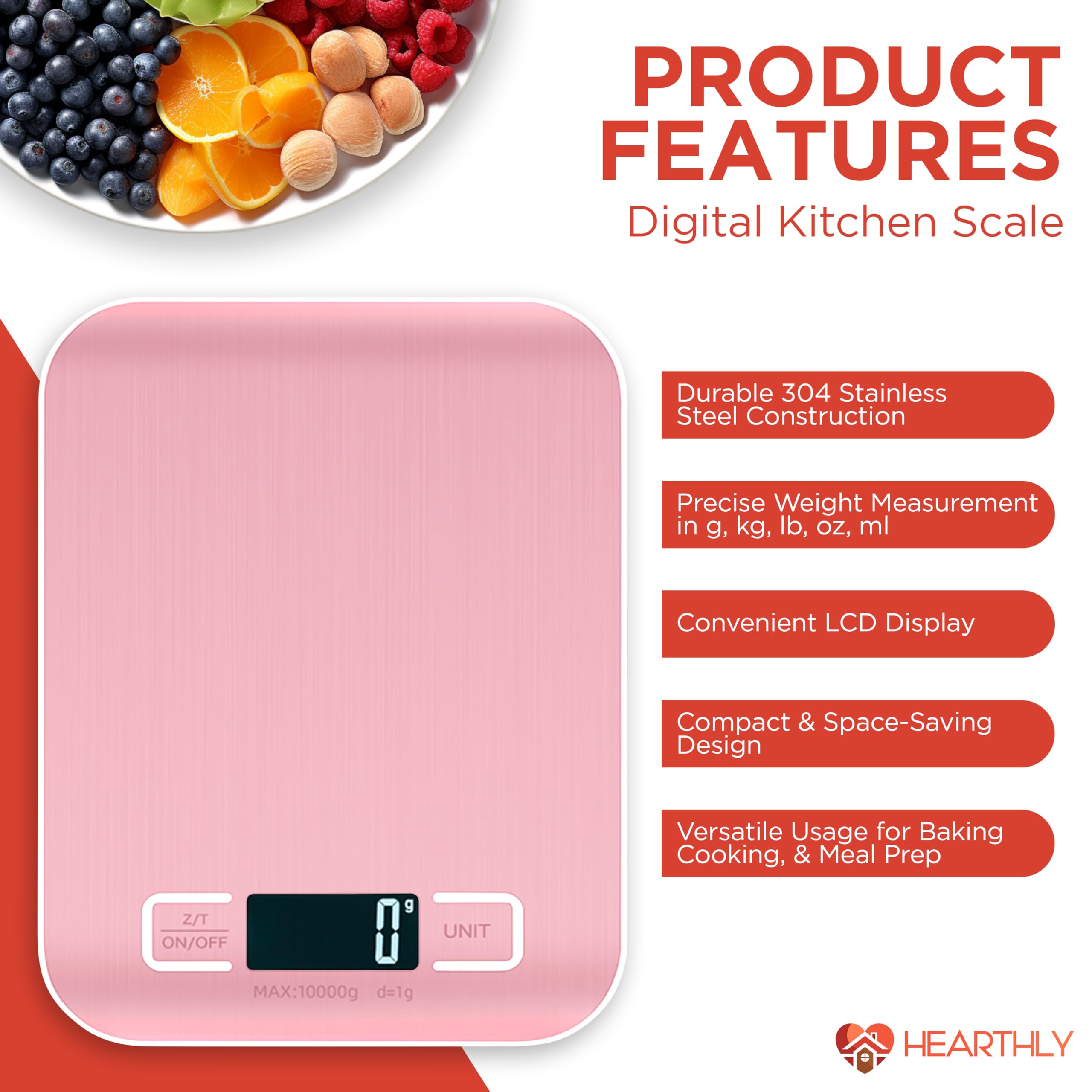 22lb Digital Kitchen Scale - 304 Stainless Steel & Tempered Glass Food Scale - Food Weighing Scale with Digital Weight Grams and Ounces with Batteries Included (Pink)