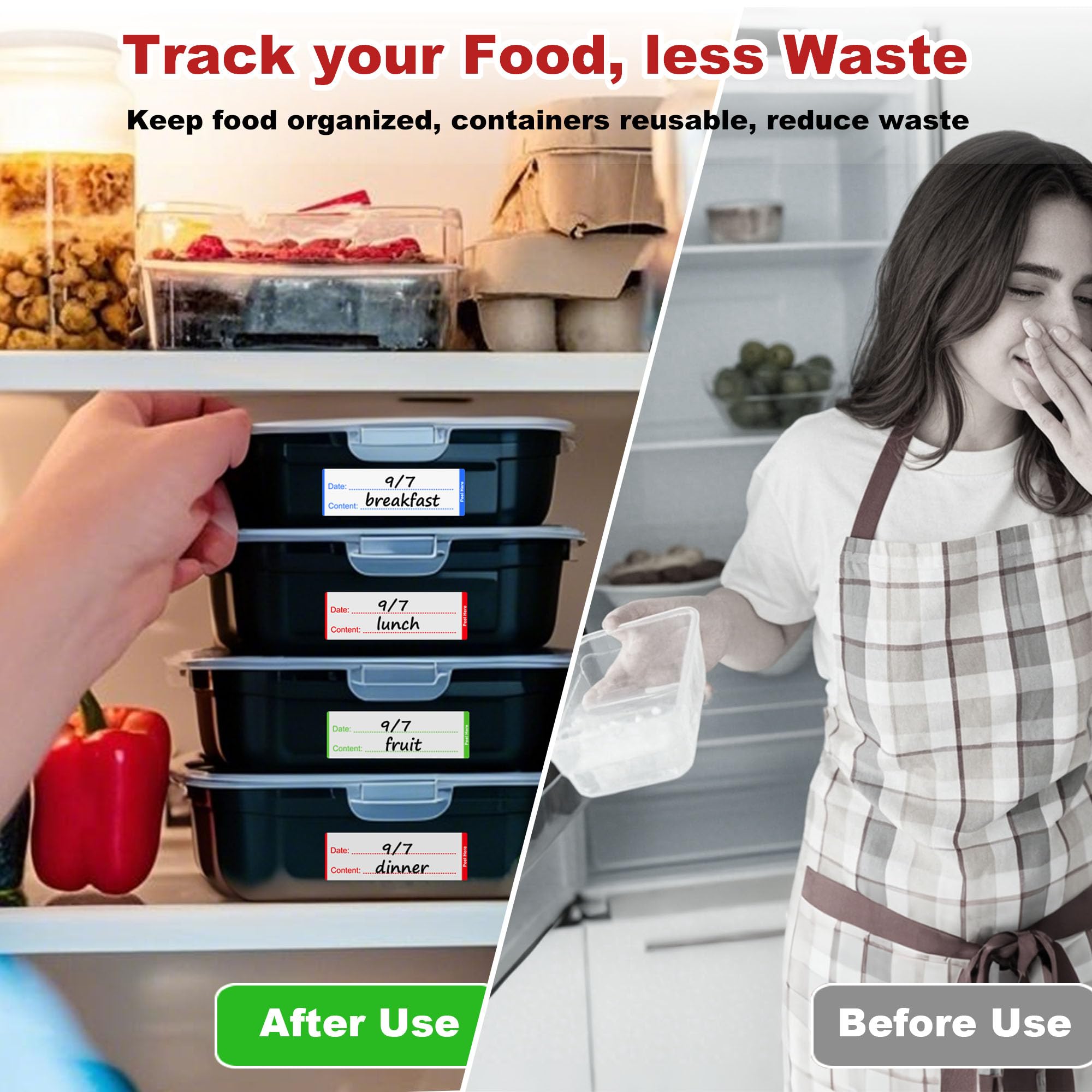 NATURALABEL 900 PCS Removable Freezer Labels with Dispenser - 1" x 3" Food Labels for Meal Prep Containers, Easy Peel-Off Design, No Residue (300 Labels/Roll, 3 Colors)