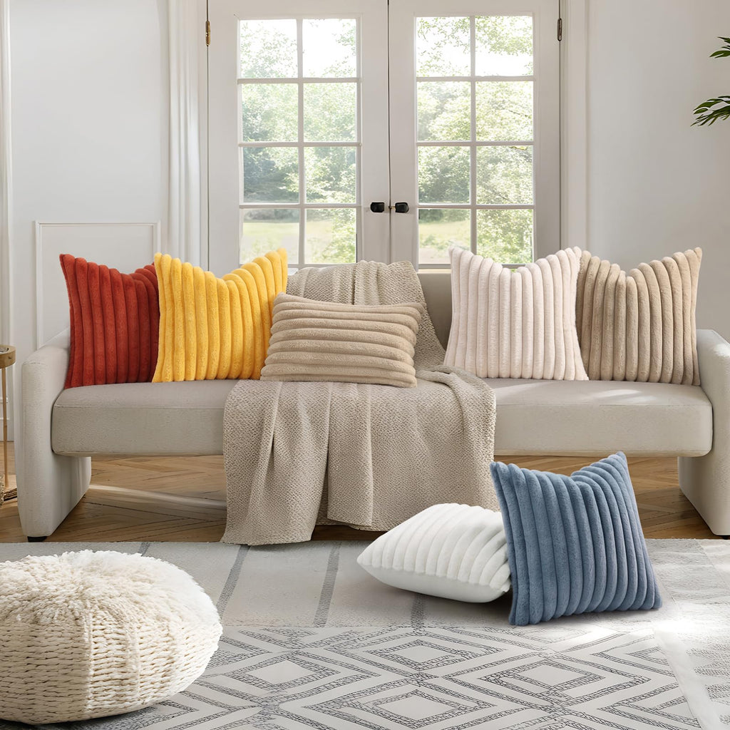 decorUhome Cream White Throw Pillow Covers 18x18 Inch Set of 2, Faux Fur Velvet Decorative Pillow Covers, Fuzzy Striped Cushion Covers Pillow Cases for Sofa Couch, Living Room Home Decor