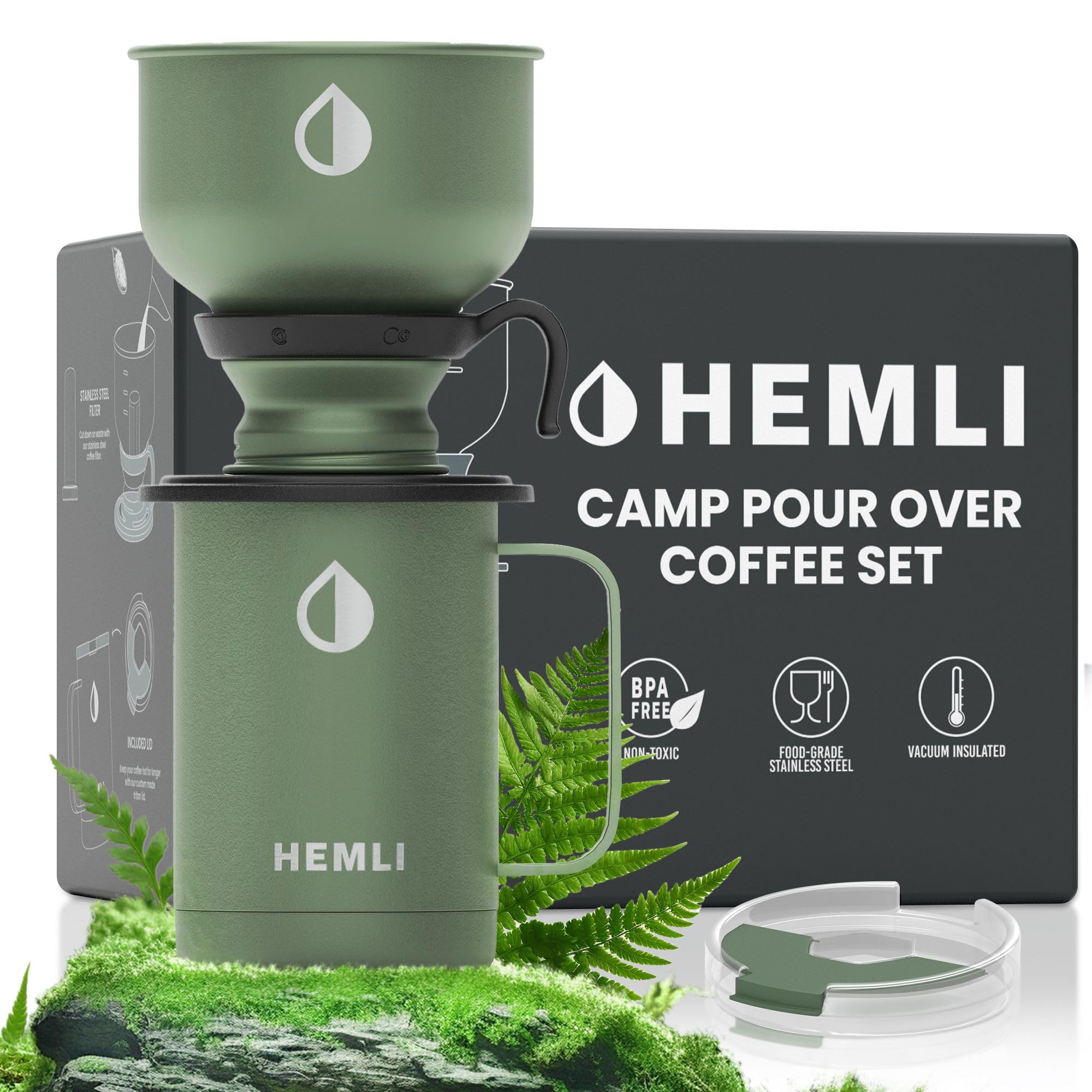 Hemli Pour Over Camp Coffee Maker Set– Vacuum Insulated Mug with Leakproof Lid, Stainless Steel Micro Filter, Scratch-Resistant Finish, Portable Coffee Maker for Camping, Travel & Outdoor Adventures