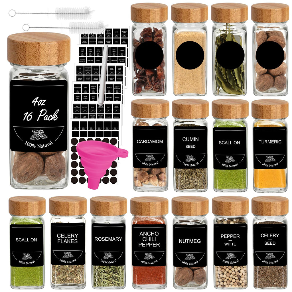 4oz Spice Jars with Bamboo Lids, 16pcs Glass Spice Jars with Labels, Shaker Lids, Funnel, Chalk Pen and Brush