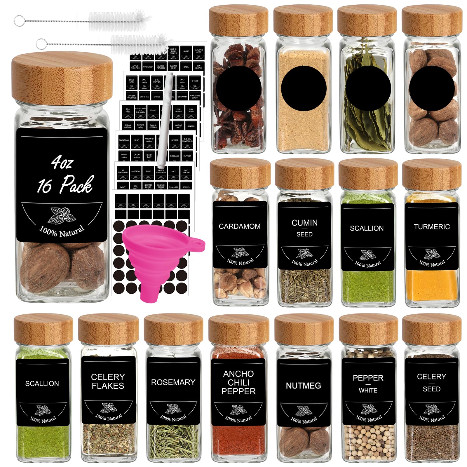 4oz Spice Jars with Bamboo Lids, 16pcs Glass Spice Jars with Labels, Shaker Lids, Funnel, Chalk Pen and Brush