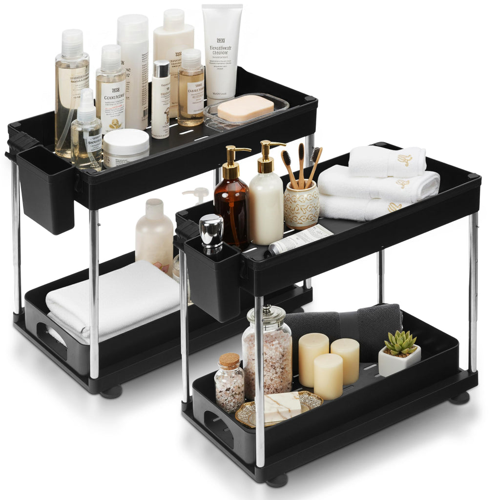 LargeMalls 2-Pack Under Sink Organizer with Sliding Drawers – Adjustable Height, Anti-Tip Design, Fits Around Plumbing – ABS Shelves & Stainless Steel Rods for Kitchen, Bathroom & Laundry Storage