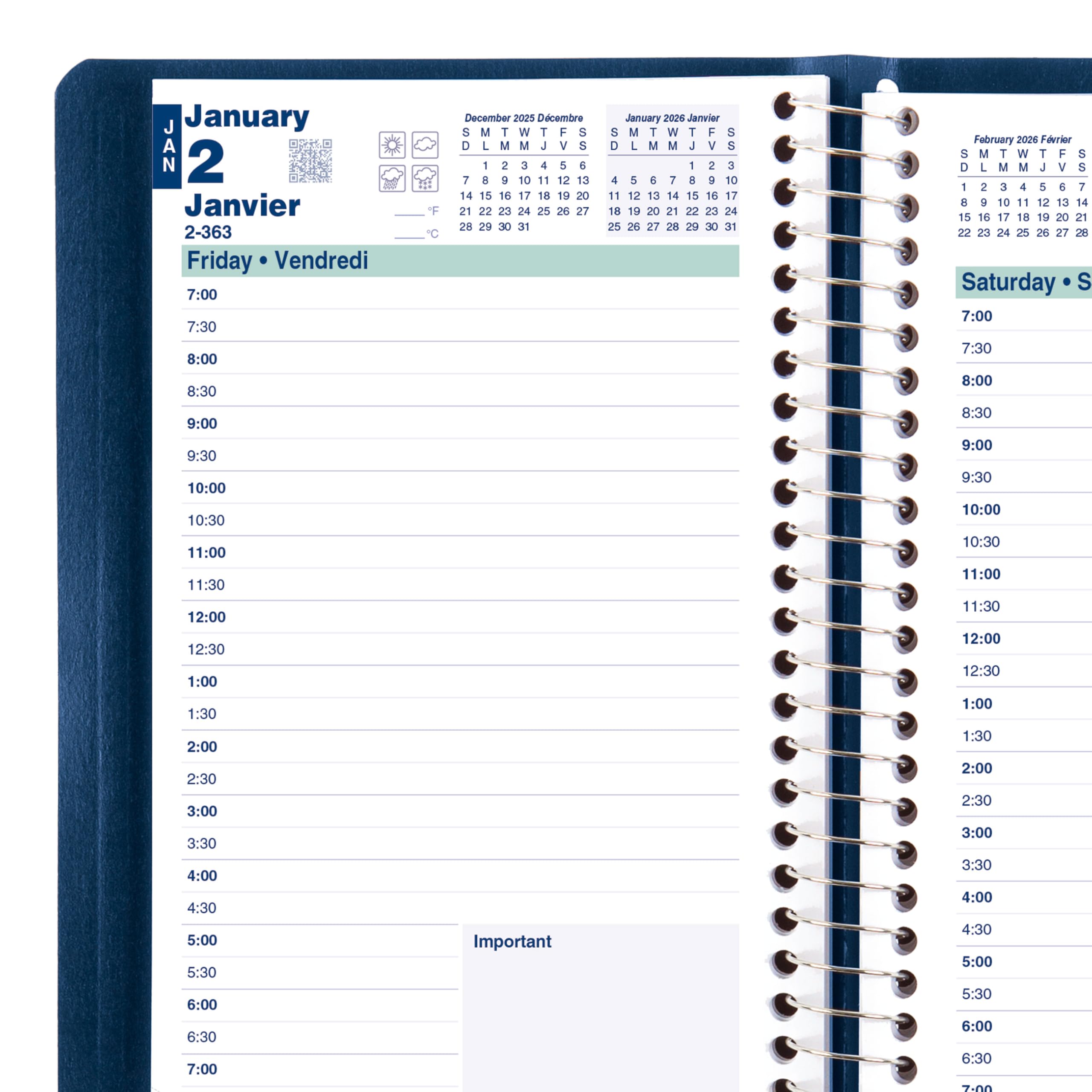 Blueline® 2026 Essential Daily Planner, Appointment Book, 12 Months, January to December, Spiral Binding, 8" x 5", Blue, Bilingual (C1504.82BT-26)