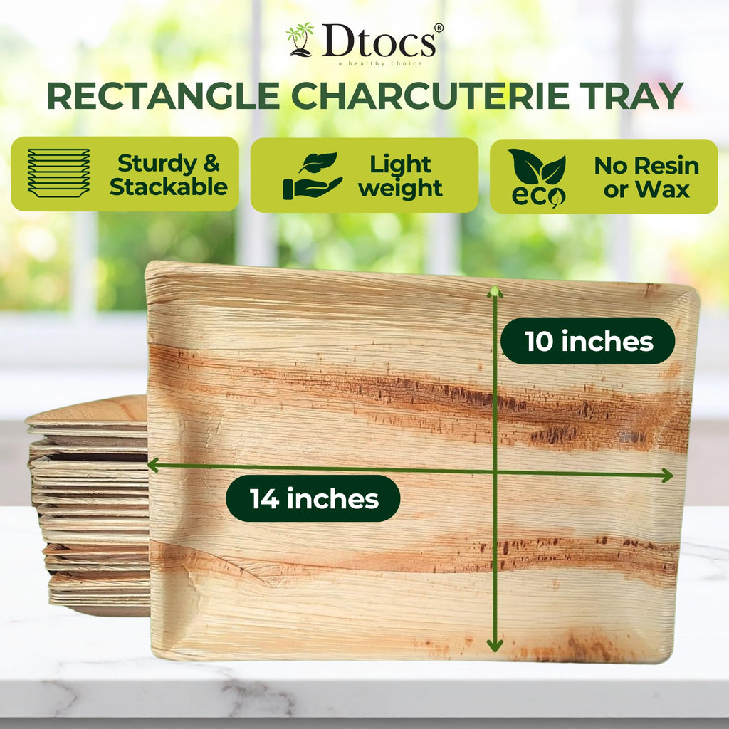 Dtocs Disposable Charcuterie Boards 14x10 Inch (10 Pcs) | Wooden Serving Tray Look Palm Leaf Platters for Food Appetizers, Parties, Catering | Microwavable Serving Platters Alt to Paper, Bamboo