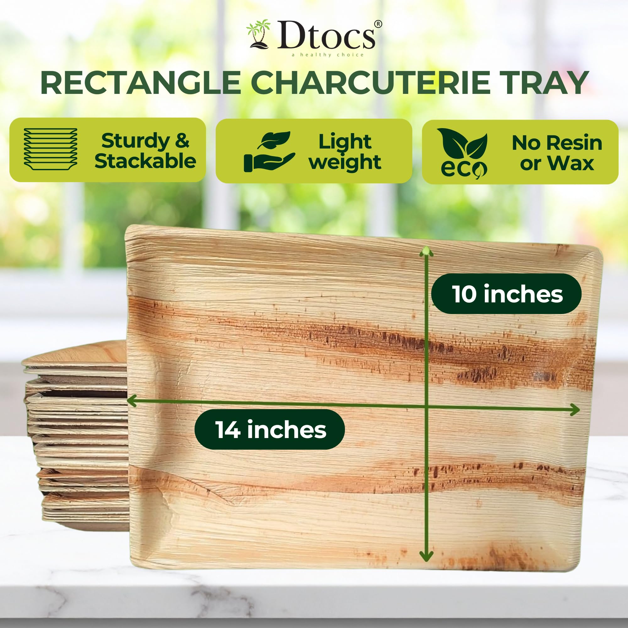 Dtocs Disposable Charcuterie Boards 14x10 Inch (10 Pcs) | Wooden Serving Tray Look Palm Leaf Platters for Food Appetizers, Parties, Catering | Microwavable Serving Platters Alt to Paper, Bamboo